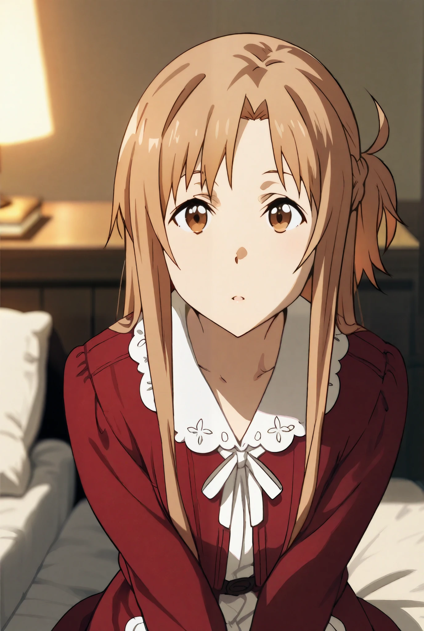 masterpiece, best quality, anime coloring, high detail, one girls,
Asuna Yuuki (character), brown hair, long hair, brown eyes, wearing white and red outfit, sitting, bedroom background