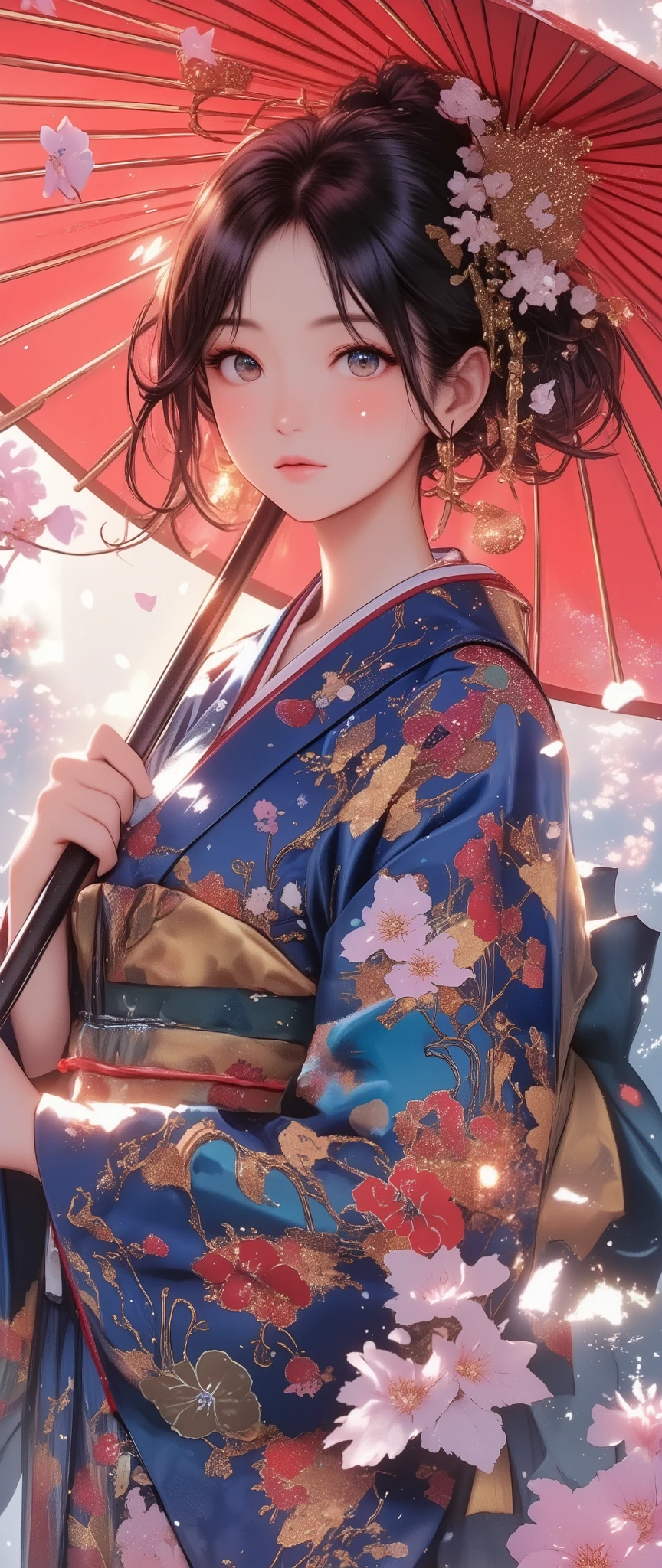 Woman holding a Japanese umbrella , Nishijin Textile Kimono  , Japanese painting style, beautiful anime style portrait, Extra ,  detailed portraits of anime girls  ,  Beautiful Anime Portrait ,  beautiful anime women , digital Animation illustration,  Anime Style Portrait  ,  Additional Art ,realistic, (Beautiful Anime Girl Showing Naked Skin, large breasts, huge breasts, big breasts, uplifted breasts, well-defined breasts, Busty、deep cleavage)、anime style digital art , Animation illustration, ponytail,  Navy Blue Kimono , Background is Sakura Fubuki 