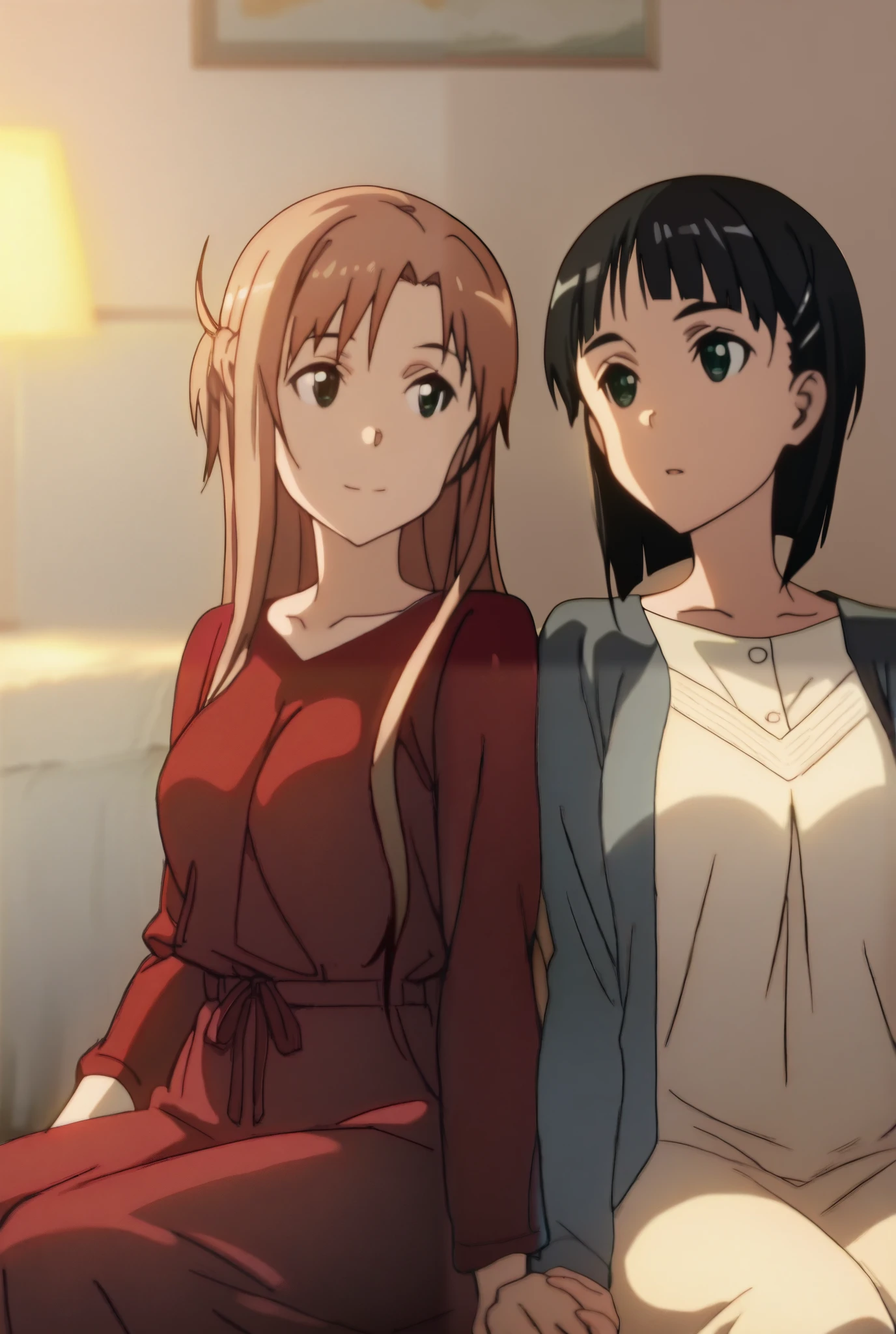 masterpiece, best quality, anime coloring, high detail, two girls,
Asuna Yuuki (character), brown hair, long hair, brown eyes, wearing white and red outfit, sitting,
Suguha Kirigaya (character), black hair, short hair, green eyes, wearing casual outfit, sitting,
both girls sitting together, warm atmosphere, friendship, soft lighting, bedroom background