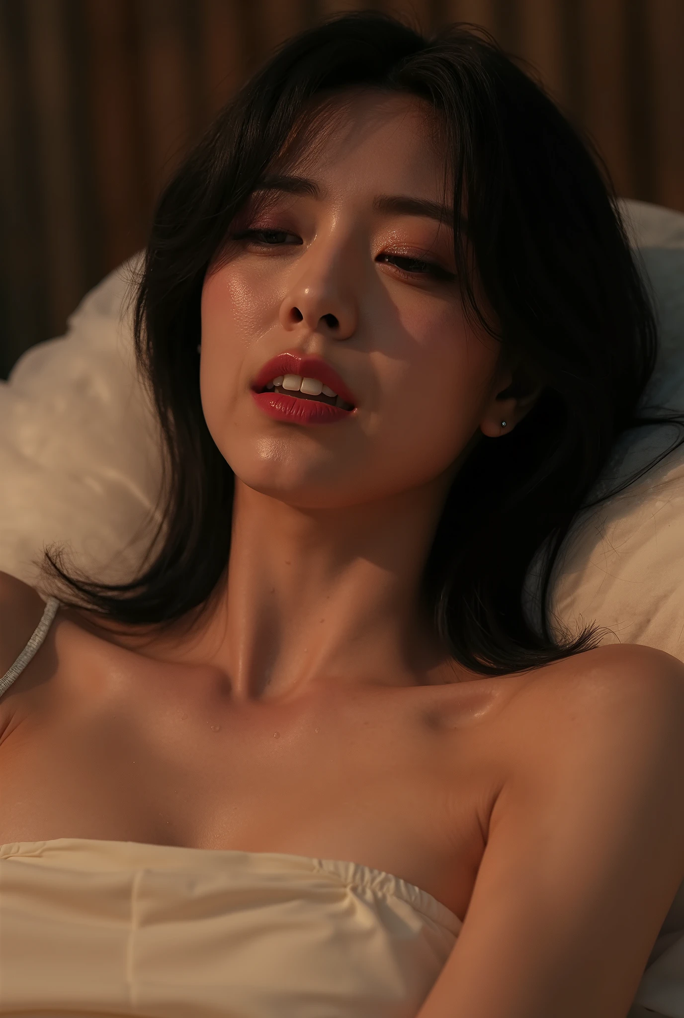((( real、live-action、reality、High image quality)))do, best quality , ( High Definition CG Unity 8K Wallpaper ), ( best quality ), edge orgasm 、 face focus 、 woman with her mouth open and eyes closed 、Japanese women with an edge_face、40years old、 black hair、 on the bed、((sweat) ),((Skin that shines with sweat))((The collarbone shining with sweat,Face that shines with sweat)),((Sweat-drenched skin))((The skin wet with sweat)),