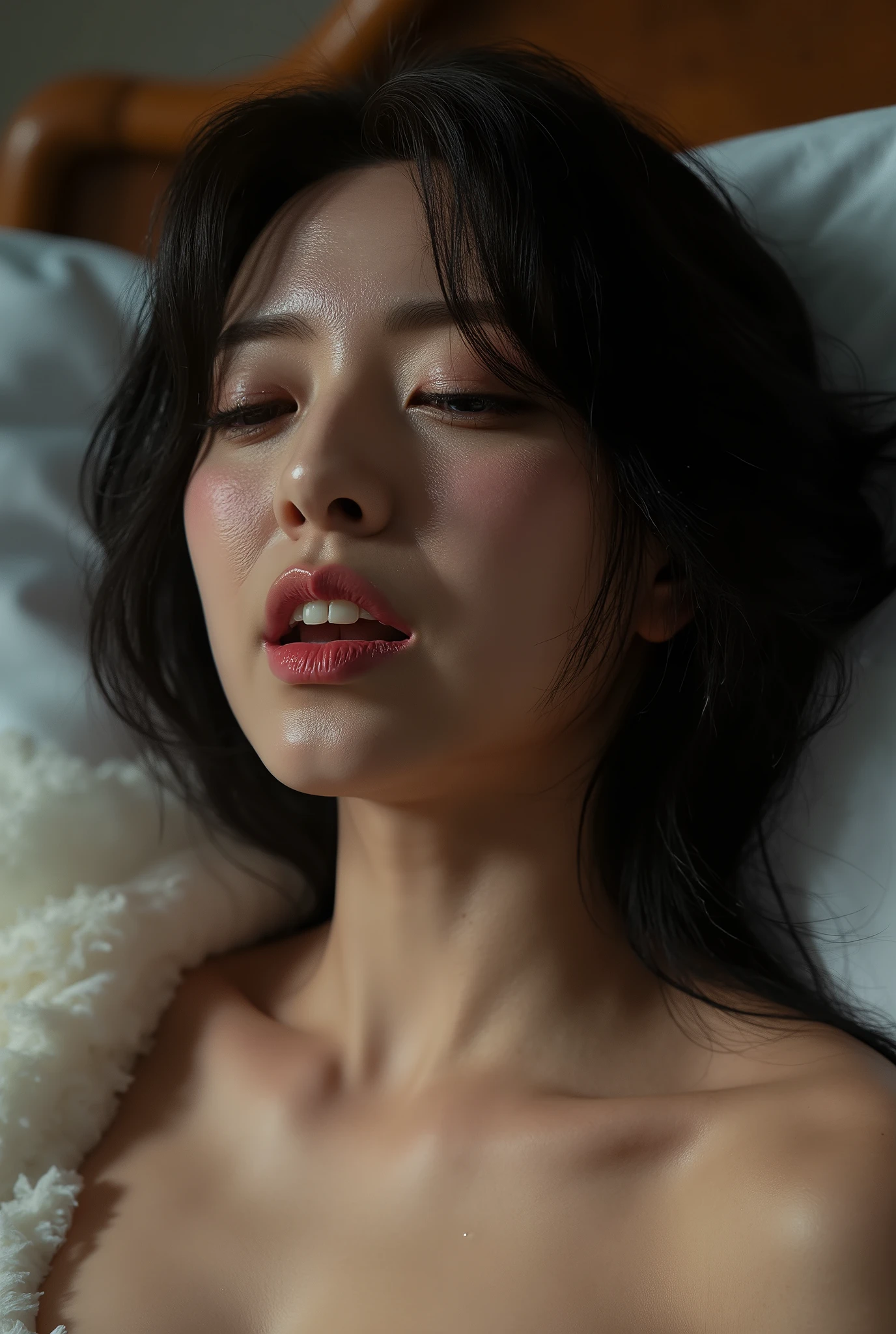 ((( real、live-action、reality、High image quality)))do, best quality , ( High Definition CG Unity 8K Wallpaper ), ( best quality ), edge orgasm 、 face focus 、 woman with her mouth open and eyes closed 、Japanese women with an edge_face、40years old、 black hair、 on the bed、((sweat) ),((Skin that shines with sweat))((The collarbone shining with sweat,Face that shines with sweat)),((Sweat-drenched skin))((The skin wet with sweat)),