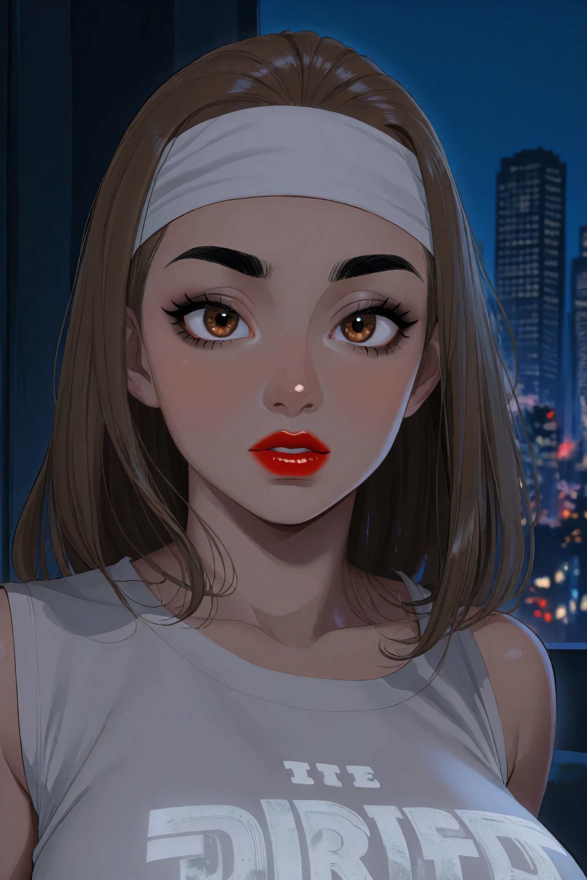 city in night, perfect face, straight hair, lightest brown hair, white headband, black eyebrows, thick eyebrows, black eyeliners, big eyes, light brown eyes, bright red lips, thick lips, beautiful woman, white tank top