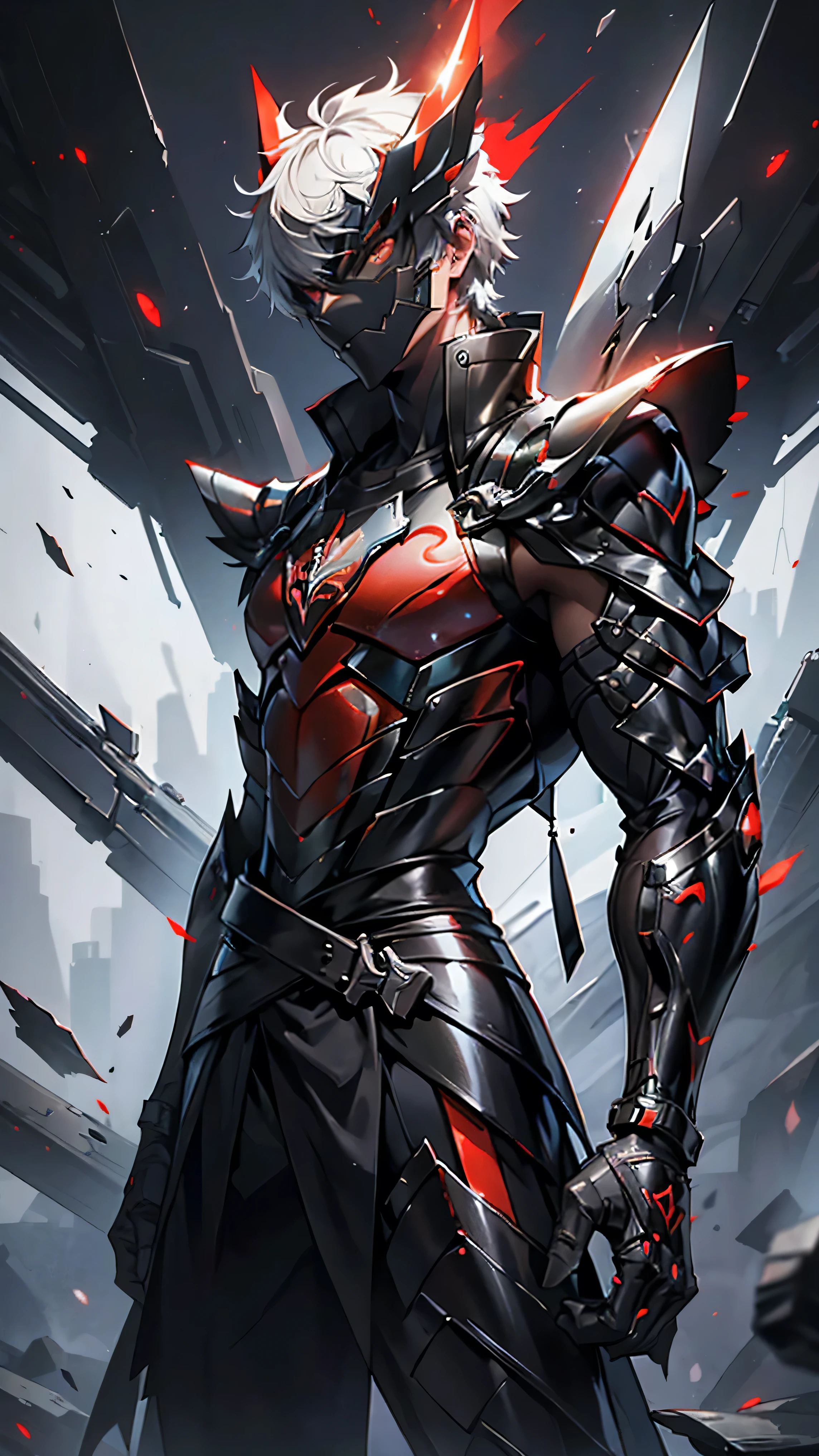 It’s a man. The image presents a dark, futuristic armor designed for Ken Kaneki, blending sleek tactical elements with a predatory appearance. The armor reflects his duality as both human and ghoul. Helmet: The helmet is sleek black with sharp lines. A glowing red eye slit pierces through the visor, and the mouthpiece mimics Kaneki's ghoul mask, with jagged teeth adding a monstrous touch. Mantle Plates (Shoulder Guards): The shoulder guards are close to the chest, curving toward the shoulders in a streamlined fashion. They feature black metallic surfaces with crimson veins, hinting at Kaneki’s ghoul power. Chest Plate: The segmented chest plate has angular lines in black and red. A faint red glow emanates from the center, symbolizing his transformation. The design is protective and savage, mirroring his internal conflict. Arm Guards: The arm guards are sleek, with articulated segments for flexibility. The gauntlets have claw-like extensions, giving them a predatory feel, as if part of Kaneki’s kagune. Leg Armor: The legs are armored with black plates streaked with red veins. The boots are sharp and angular, built for speed and agility, reinforcing Kaneki’s deadly precision. High Collar: A high collar rises from the back and sides, tightly encircling the neck. It integrates with the mantle plates, enhancing the armor’s menacing look. Background: Set against a dark, foggy backdrop, with Tokyo’s skyline faintly visible. Red lighting emphasizes key features, such as the glowing eye slit and chest, reinforcing Kaneki’s ominous, ghoul-like presence.