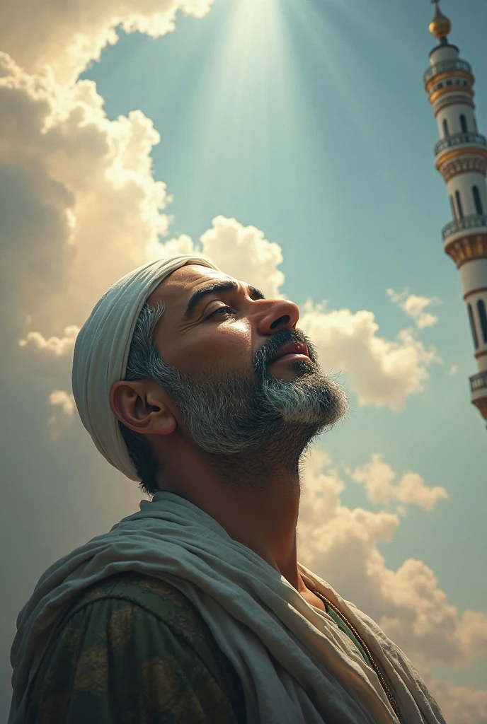 Create an Islamic-themed graphic for a 2024 Naat video featuring a mosque with minarets in the background, a young man in a turbun, white doves Use a soft and calming color palette with light blues and greens