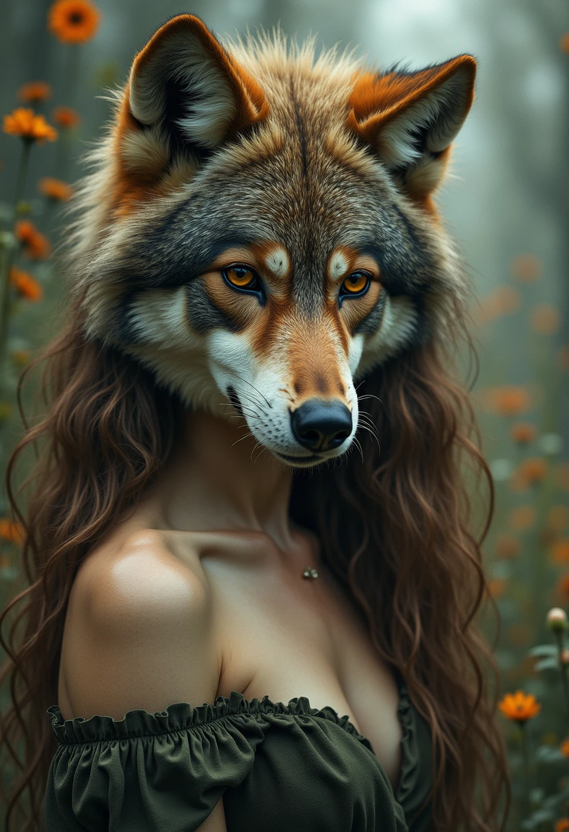 upper body of naked wolf woman, fully naked, topless, long wavy grey hair, glowing blue eyes, grey skin, grey wolf ears, athletic body, fierce, forest background
