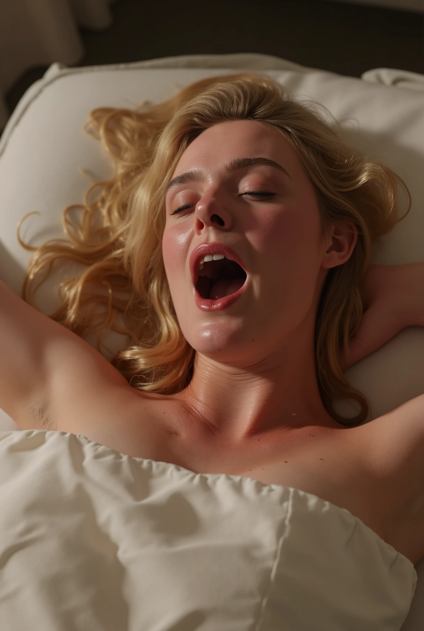 ((( real、live-action、reality、High image quality)))do, best quality , ( High Definition CG Unity 8K Wallpaper ), ( best quality ), edge orgasm 、 face focus 、 woman with her mouth open and eyes closed 、Women with an edge_face、40years old、 blonde hair、 on the bed、((sweat) ),((Skin that shines with sweat))((The collarbone shining with sweat,Face that shines with sweat)),((Sweat-drenched skin))((The skin wet with sweat)),