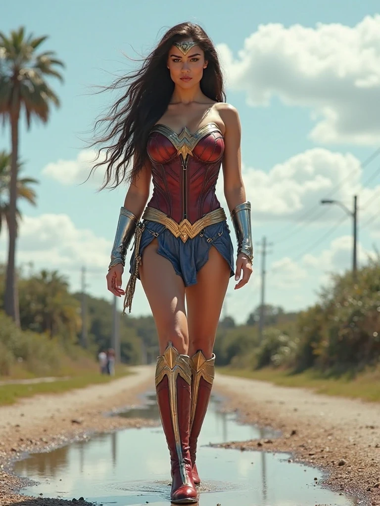  smooth shaved pussy pornstar Lana Rhoades wearing sexy latex wonder woman costume designed with blue star spangled pussythong bondage harness cameltoe micro-bikini
she should have ultra-dark eyeliner mascara and eyeshadow smoky eyes make up
she wears red pvc patent  vinyl high-heel stiletto knee-high boots
standing in the concrete and steel debris and rubble of a collapsed building in an oil refinery complex
pussy-wedgie
bikini-dare, wickedweasel.com