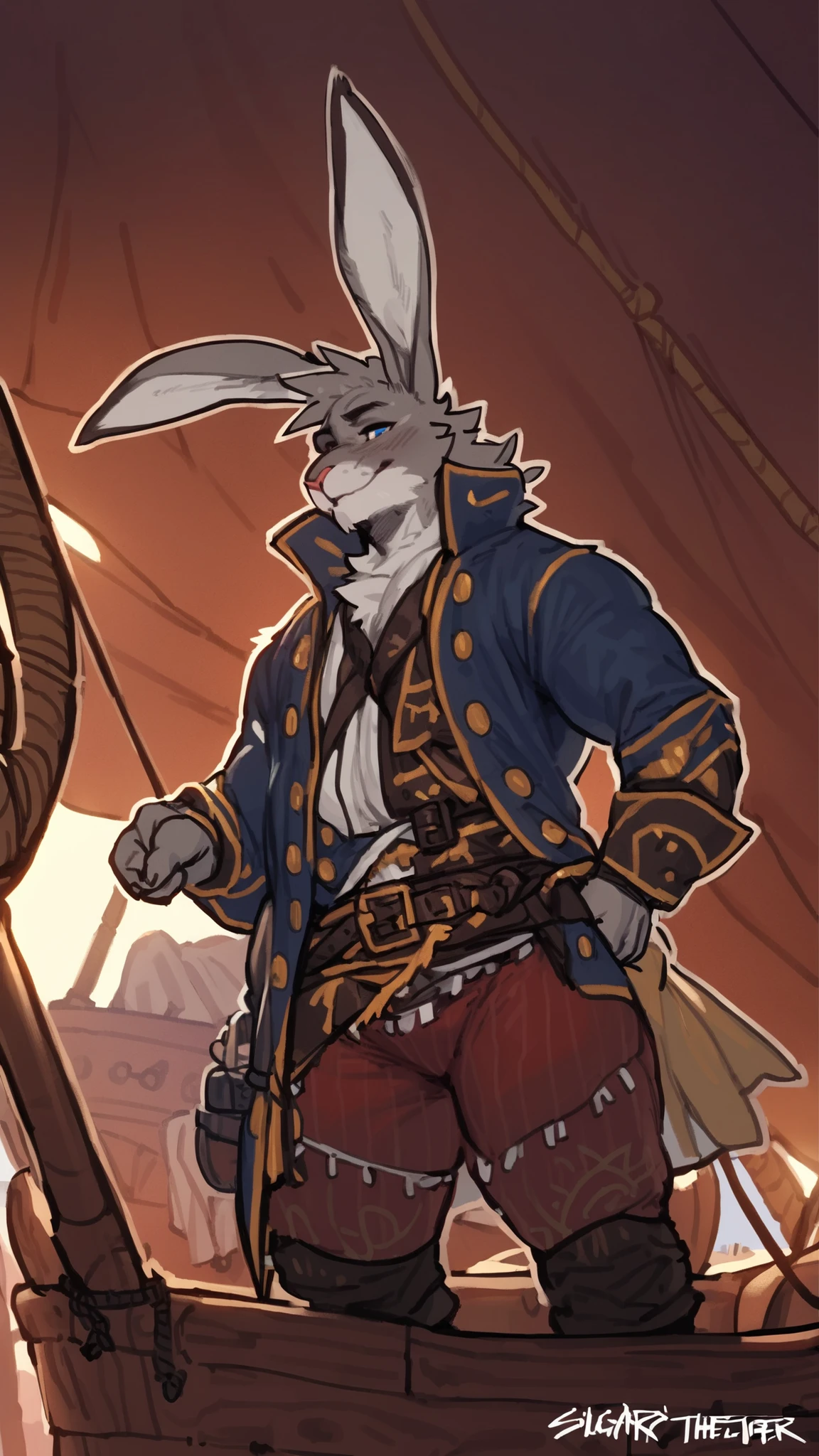 hara male, short, full body, ((hare's ears,):1.3),masculine face, masterpiece, blue eyes, ((grey fur):1.1), masculine face, masculine attitude, solo, great lighting, by bebebebe, by ZIXiong, by zackary911, by SligarTheTiger, by RED8EAN, soft colors, white outline, ((pirate, pirate costume, on a pirate ship, playful face expression ):1.1), solo, very detailed face, very detailed face, detailed face expression, ((very detailed clothes, very detailed body texture):1.2),