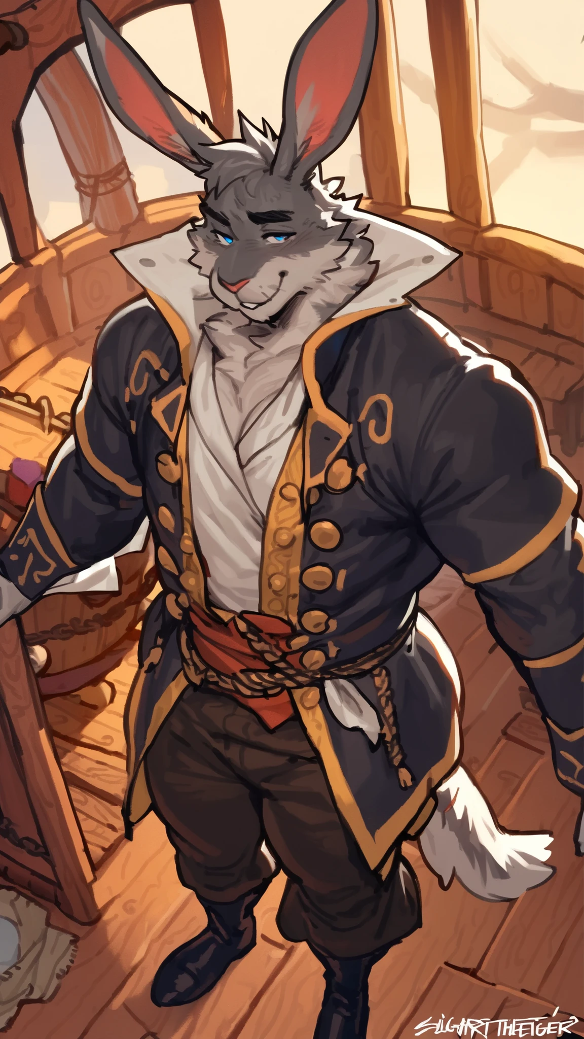 hara male, short, full body, ((hare's ears,):1.3),masculine face, masterpiece, blue eyes, ((grey fur):1.1), masculine face, masculine attitude, solo, great lighting, by bebebebe, by ZIXiong, by zackary911, by SligarTheTiger, by RED8EAN, soft colors, white outline, ((pirate, pirate costume, on a pirate ship, playful face expression ):1.1), solo, very detailed face, very detailed face, detailed face expression, ((very detailed clothes, very detailed body texture):1.2),