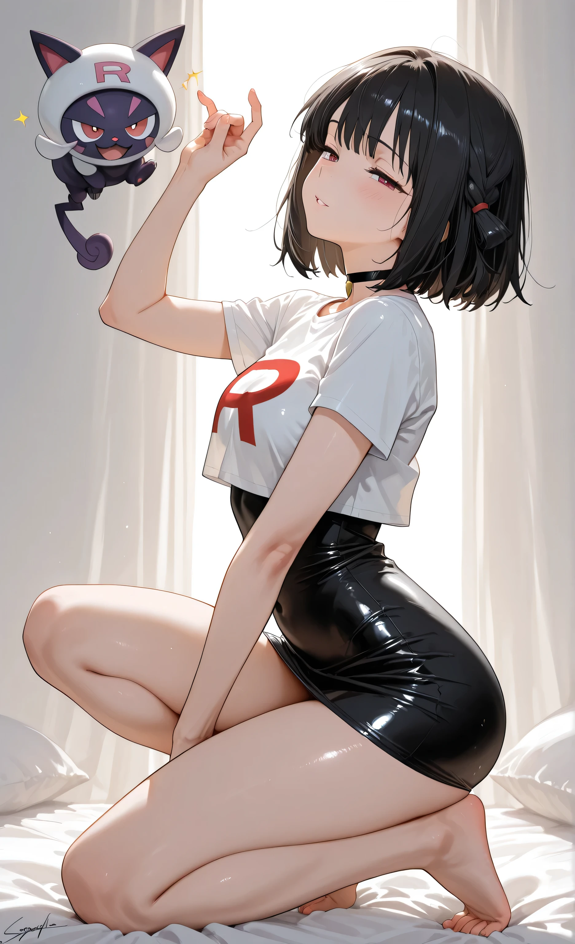 score_9, score_8_consolation, score_7_consolation, score_6_consolation, score_5_consolation, score_4_consolation, Source _animation, Tag 1, Tag 2, Team Rocket Rona from Pokémon, dynamic lighting 1girl,1 female, Black Choker, Safety,  tight costume,  Simple White Background ,  cheeky expression, Signature pose ,  sexy, sensual,  half-closed eyes , small head, Short sleeves, mini skirt, Barefoot, side view