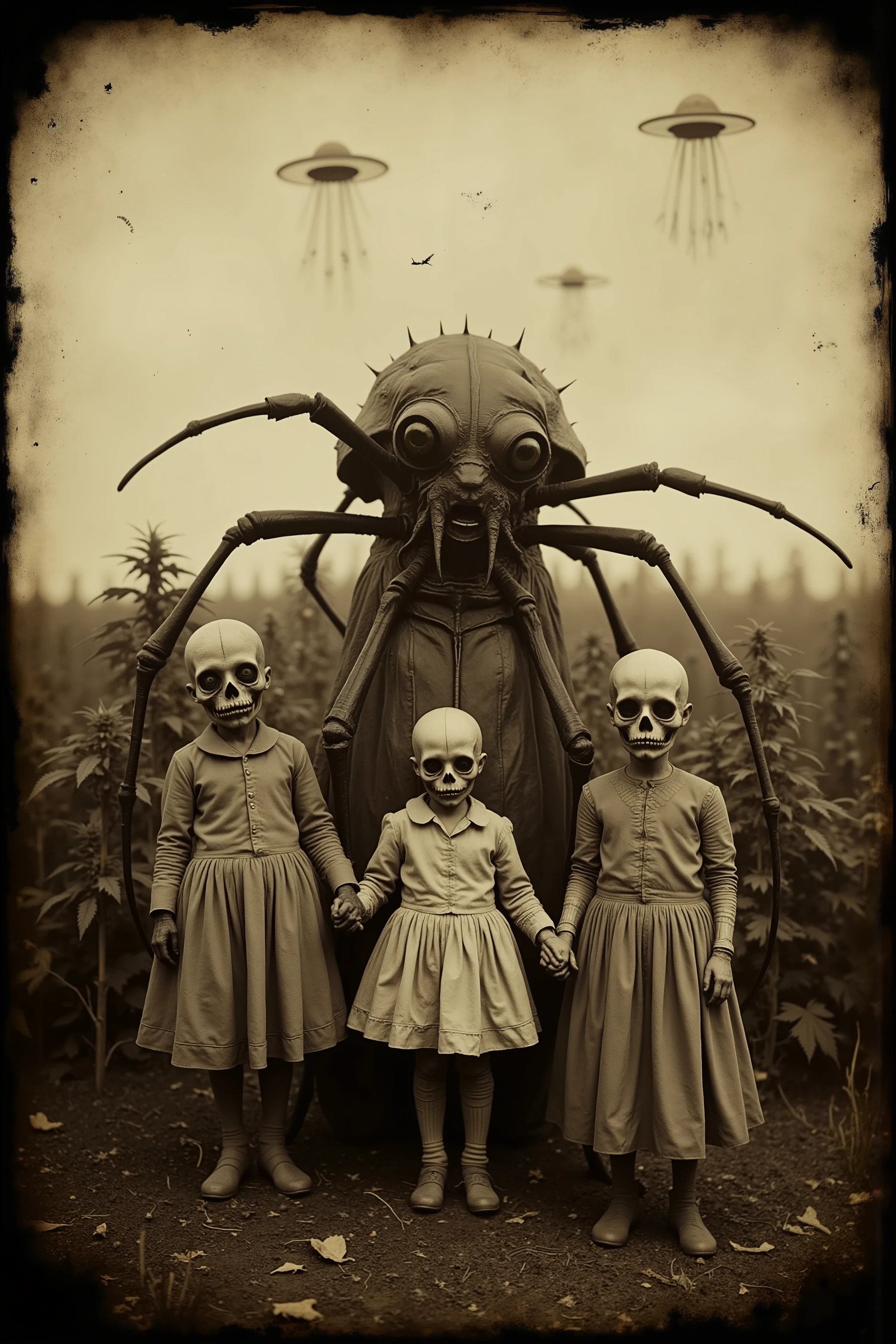 daguerreotype, tintype, bizarre, creepy, weird, detailed surreal scene, outdoors, humanoid family with distorted features, unnatural anatomy, deep set, detailed eyes with dark circles underneath them, skeleton like bodies, sunken cheekbones, strange clothing, a large field of marijuana plants behind them, orbs and UFOs in the sky. Strange, unusual, creepy, spooky, photography. 
masterpiece, Starshiptroopers bug is a giant insect, ultra-detailed, realistic, photo-realistic, studio lighting, extreme detail, professional, vivid colors, atmospheric, moody, unsettling, eerie, gothic, dark fantasy, macabre, melancholic, muted colors, cold tones, film grain, brown and yellowed with age photo, cracked damaged photo. 
