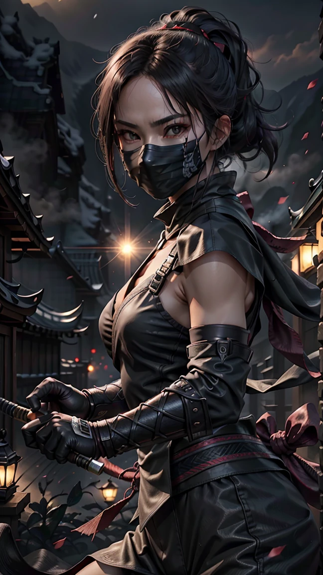 8K raw photo, Best quality, masterpiece, ultra high res, 1girl, sexy, ultra huge breast, (ninja, mask, armor, ninja clothes, holding katana), high ponytail, detailed face, Japanese castle, Edo castle,