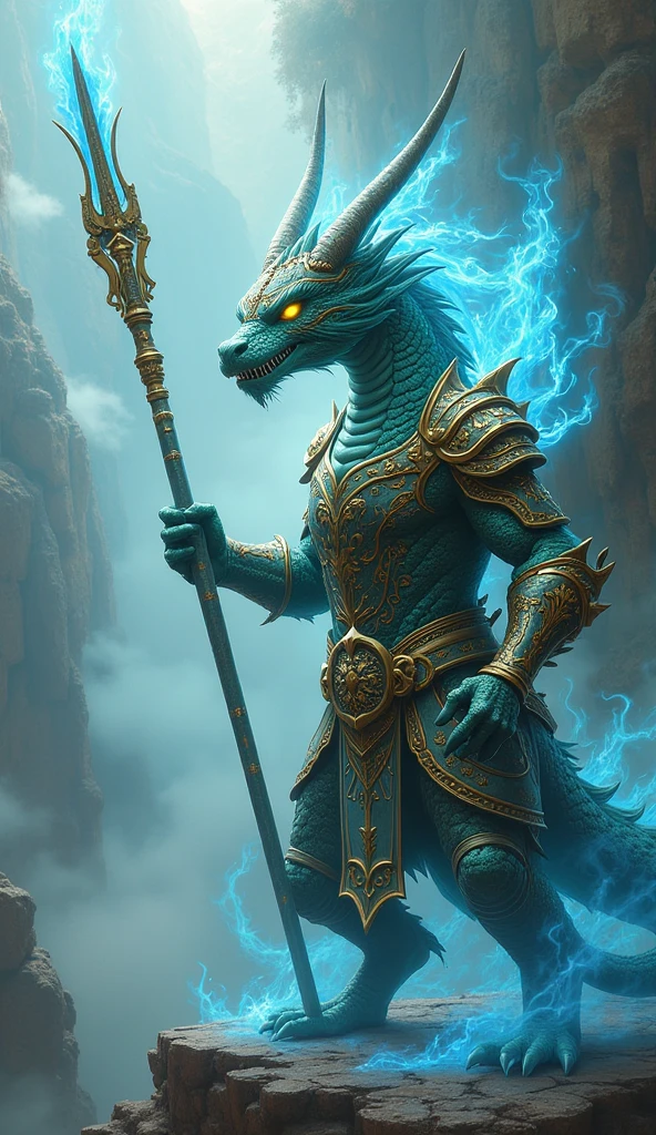 Chat, produce an image of a blue dragonborn sorceress, She has a small bag of bones at her waist and an imposing staff. This one has an expression that conveys anger and physical effort from casting a spell after a long battle.. There are spots of blood on her clothes and she exudes a glow of magic.