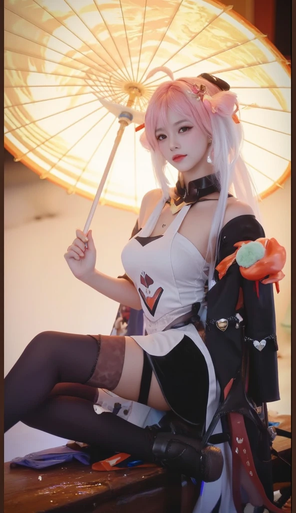 kimetsu female character, one red eye and one pink eye with white hair, white eyelashes too