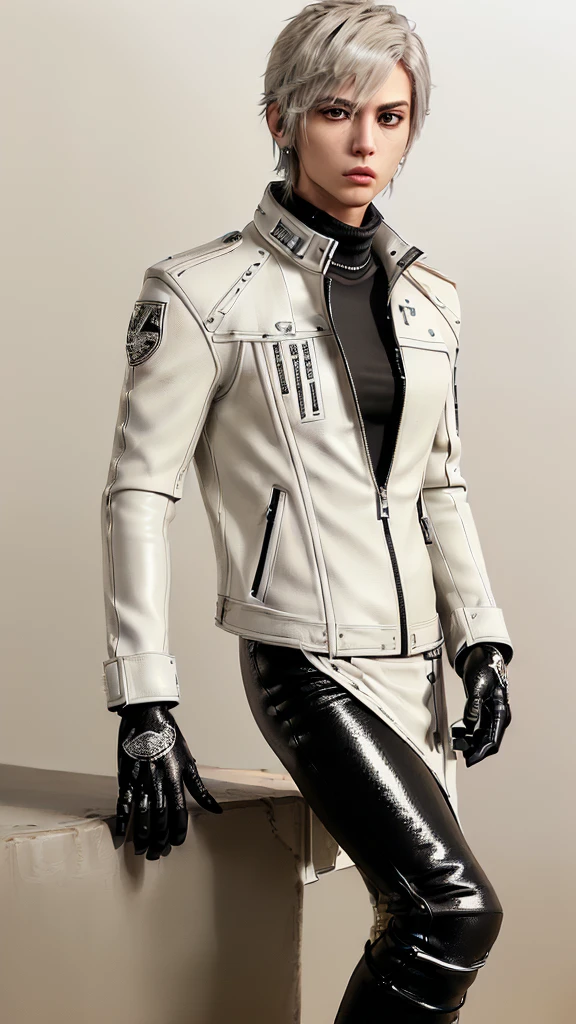 Final fantasy taste and reality graphics, Japanese young cute and cool ikemen  boy, his age is early 20s, thin eyebrows and beady eyes,  he wearing off white color leather  thick material jacket, jacket is singlebrest, biker style jacket, with epaulet, jacket is long sleeve, must close the front of the leather jacket, , voluminous leather jacket, ,must jacket is high length and stand-up collar with two belts, jacket is a little black color line pattern,close the front of the jacket, also wearing black thick material turtleneck lackluster shirts,  tight black leather pants,  black leather tight and thin glove, black leather knee-high raceup boots,must views  head-to-toe,must views whole body, boy looks like fashion model,Do not show skin from the neck down,leather jacket leather glove and leather pants have few wrinkles,boy in the prison room, Avoid showing your innerwear,zip up jacket fastner.
Boy touching owns private parts with right hand.
Bous face is expression of ecstasy.