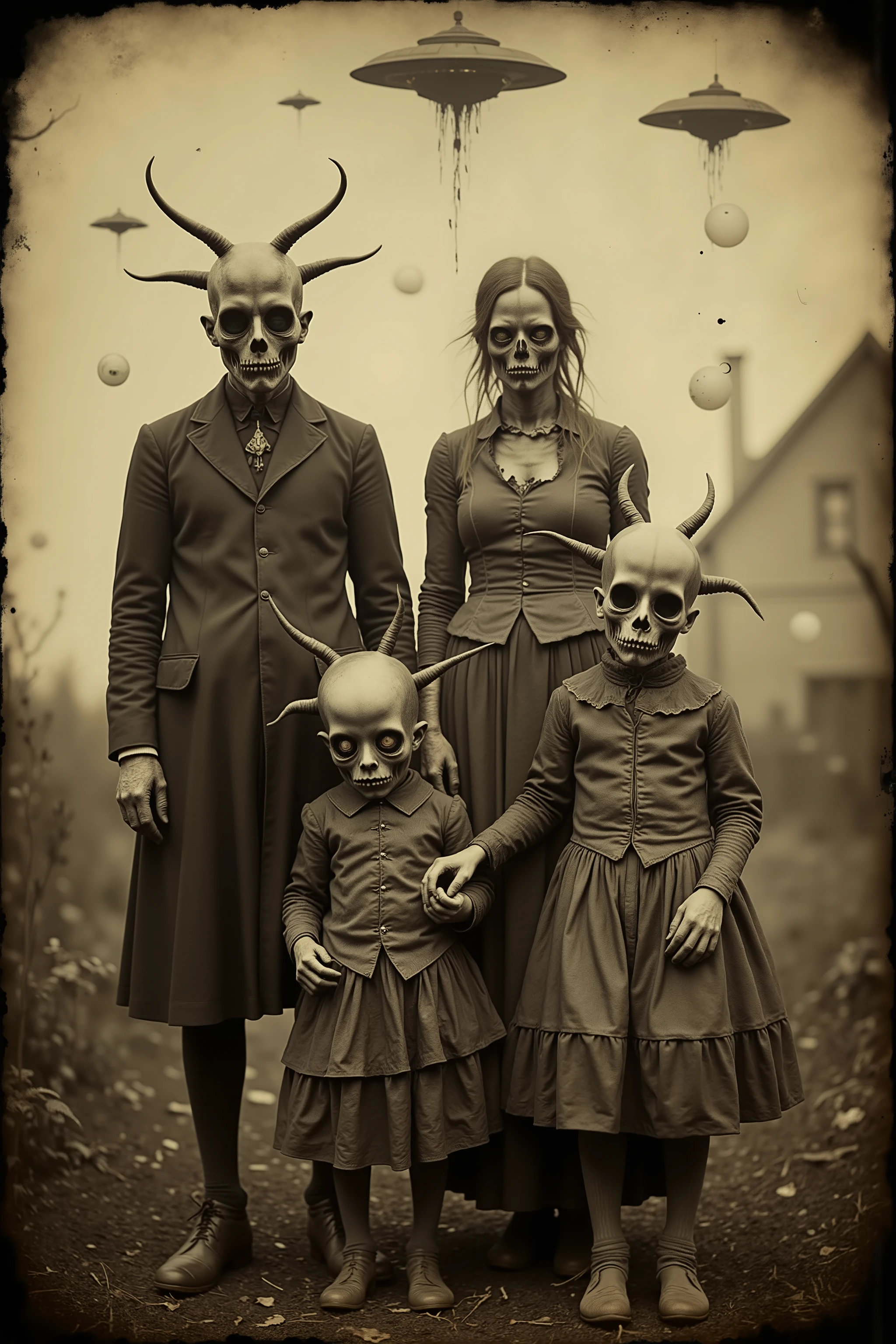 daguerreotype, tintype, bizarre, creepy, weird, detailed surreal scene, outdoors, humanoid family with distorted features, unnatural anatomy, deep set, detailed eyes with dark circles underneath them, skeleton like bodies, sunken cheekbones, strange clothing, orbs and UFOs in the sky. Strange, unusual, creepy, spooky, photography.
masterpiece, ultra-detailed, realistic, photo-realistic, studio lighting, extreme detail, professional, vivid colors, atmospheric, moody, unsettling, eerie, gothic, dark fantasy, macabre, melancholic, muted colors, cold tones, film grain, brown and yellowed with age photo, cracked damaged photo.