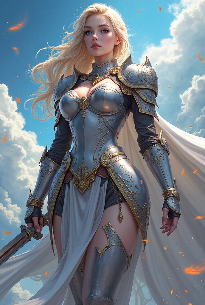 Unbeatable masterpiece, Ultra photo realsisim, Perfect artwork, Intricate details, Best quality, Strong light,High contrast,(Masterpiece) , (Best quality) , (ultradetailed) , illustration , Dynamic Angle .igirl , game character portrait , Colorful ,Beautiful detailed eyes , Portrait , Colorful ,Translucent hair , (glowing inner hair) , the perfect appearance , (Chiaroscuro lighting:1.2) , (Holding a sword:1.25) , (White armor:1.2)(Something) , blond hairbl , [Blue eyes, Green eyes] , Expressionless , Bare legs , (Watercolor painting:1.4) , (Fire:1.35) , Look at the audience from below , god light