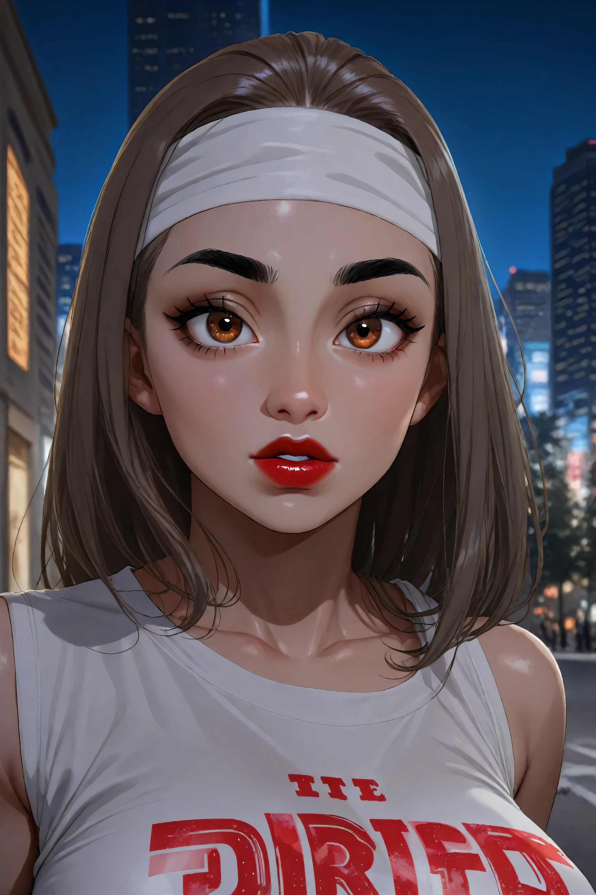 night sky, city street, perfect face, straight hair, lightest brown hair, white headband, black eyebrows, thick eyebrows, black eyeliners, big eyes, light brown eyes, bright red lips, thick lips, beautiful woman, white tank top
