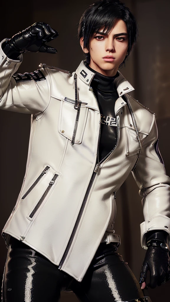 Final fantasy taste and reality graphics, Japanese young cute and cool ikemen boy, his age is early 20s, thin eyebrows and beady eyes, ((he wearing off white color leather thick material jacket)), ((jacket is singlebrest)), biker style jacket, with epaulet, jacket is long sleeve, ((must close the front of the leather jacket)), , ((voluminous leather jacket)), ,((must jacket is high length and stand-up collar)) ((jacket collar with two belts)), ((jacket is a little black color line pattern)),((close the front of the jacket)), ((also wearing black thick material turtleneck lackluster shirts)), ((tight black leather pants)), ((black leather tight and thin glove)), ((black leather knee-high raceup boots)),((must views head-to-toe)),((must views whole body)), ,((Do not show skin from the neck down)),leather jacket leather glove and leather pants have few wrinkles, Avoid showing your innerwear,zip up jacket fastner.must put on a leather glove.
Bous face is expression of ecstasy.
Boy is black hair.boy looks like fashion model.
((Boy duct tape wrap gagged around mouth))