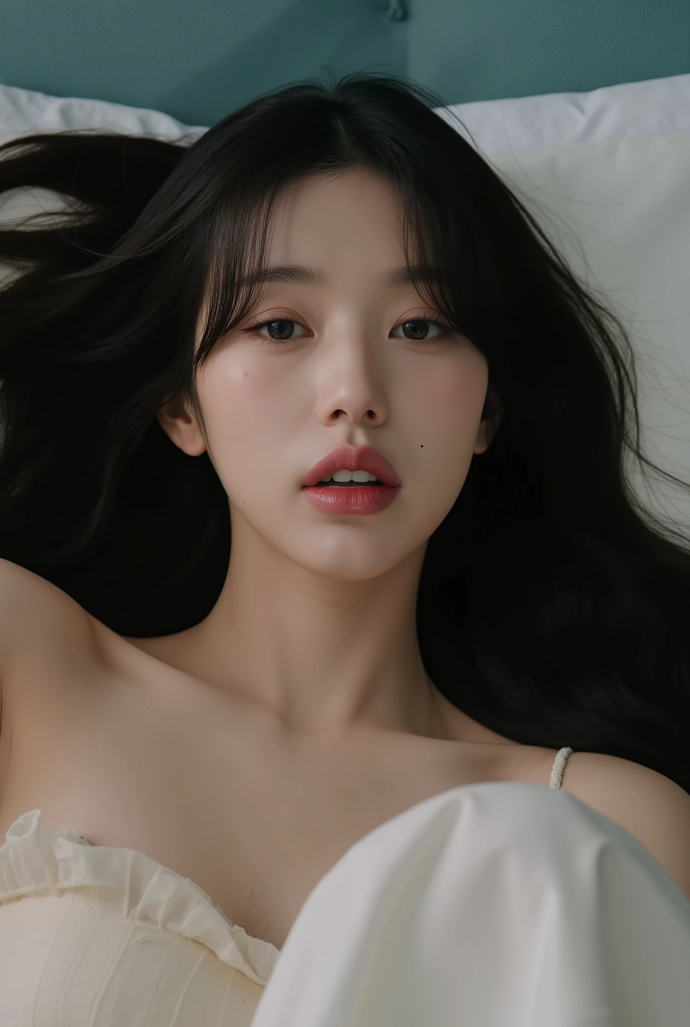 ((( real、live-action、reality、High image quality)))do,  best quality , ( High Definition CG Unity 8K Wallpaper ), (  best quality ), edge orgasm 、 face focus 、 woman with her mouth open and eyes closed 、Korean women with an edge_face、40years old、 black hair、 on the bed、((sweat) ),((Skin that shines with sweat))((The collarbone shining with sweat,Face that shines with sweat)),（(Sweat-drenched skin))((The skin wet with sweat)),