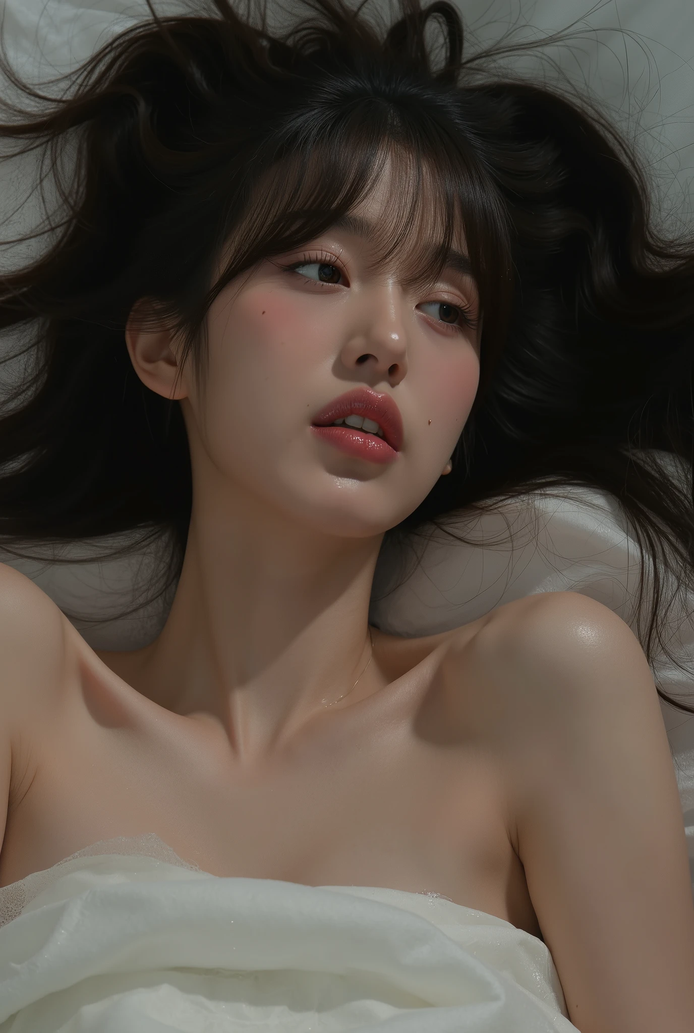 ((( real、live-action、reality、High image quality)))do, best quality , ( High Definition CG Unity 8K Wallpaper ), ( best quality ), edge orgasm 、 face focus 、 woman with her mouth open and eyes closed 、Korean women with an edge_face、40years old、 black hair、 on the bed、((sweat) ),((Skin that shines with sweat))((The collarbone shining with sweat,Face that shines with sweat)),((Sweat-drenched skin))((The skin wet with sweat)),