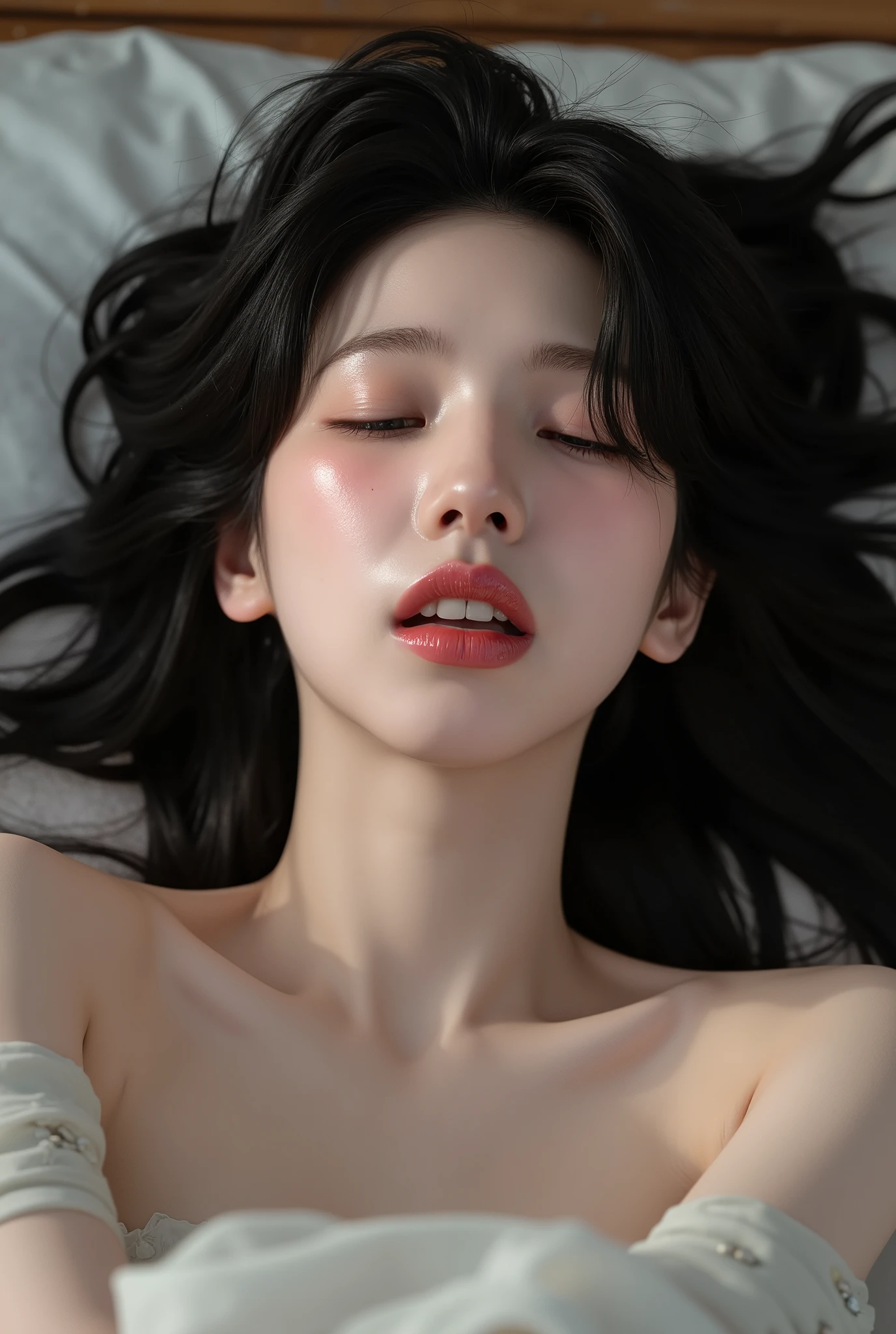 ((( real、live-action、reality、High image quality)))do, best quality , ( High Definition CG Unity 8K Wallpaper ), ( best quality ), edge orgasm 、 face focus 、 woman with her mouth open and eyes closed 、Korean women with an edge_face、40years old、 black hair、 on the bed、((sweat) ),((Skin that shines with sweat))((The collarbone shining with sweat,Face that shines with sweat)),((Sweat-drenched skin))((The skin wet with sweat)),