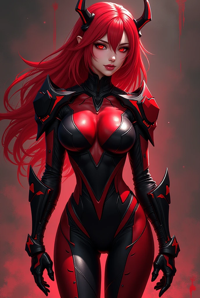 (masterpiece, best quality, ultra detailed), intricate details, shiny cyborg girl, evil female, fashion, with sparkling red gown, red hair with glitter, white skin, red make-up, long hands, explosion of power, cartoon style