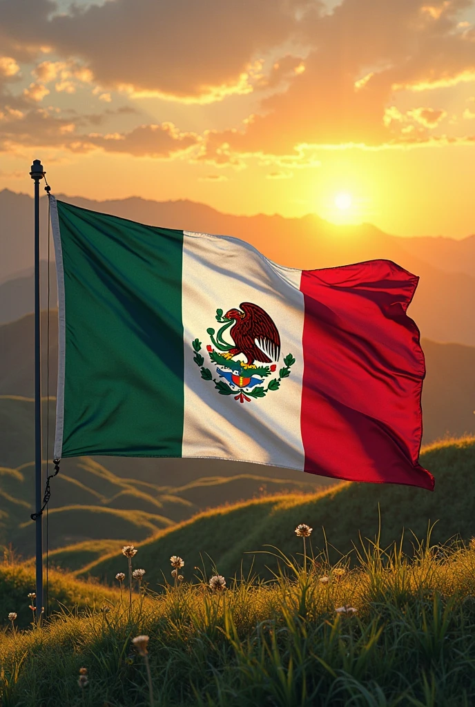 A torn Mexican flag, letting out rays of light that represent freedom. Behind the flag, A Mexican landscape with vibrant colors and natural elements like the sun, and a charro hat with a bottle of tequila. style: Photographic