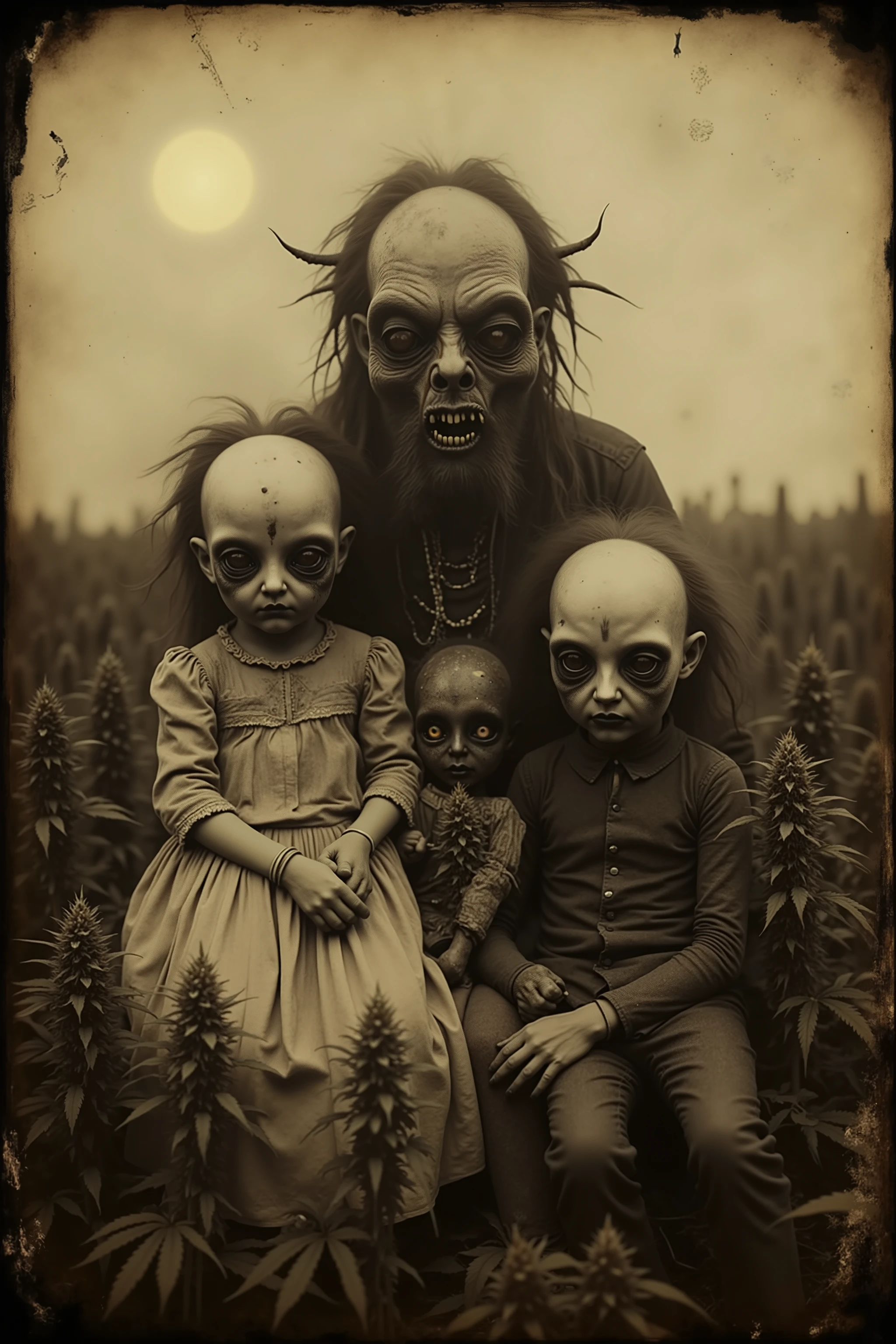 Daguerreotype, tintype. Bizarre, creepy, weird stuff, detailed surreal scene, outdoors, humanoid family with distorted features, unnatural anatomy, twisted haunted detailed facial expressions, unsettling atmosphere, field of Marijuana plants behind them, glowing orbs in the sky, eerie shadows, presence lurking, partially seen, dark faces with deep set, detailed eyes lurkng around the plants, dark, moody, cinematic horror lighting, digital art, concept art, 8K, high resolution, ultra-realistic, photorealistic, physically-based rendering, spooky, scary, long lost photo, photo brown and yellowed with age, antique photo, old cracked damaged photo, unsettling, gothic, dark side art, masterpiece.