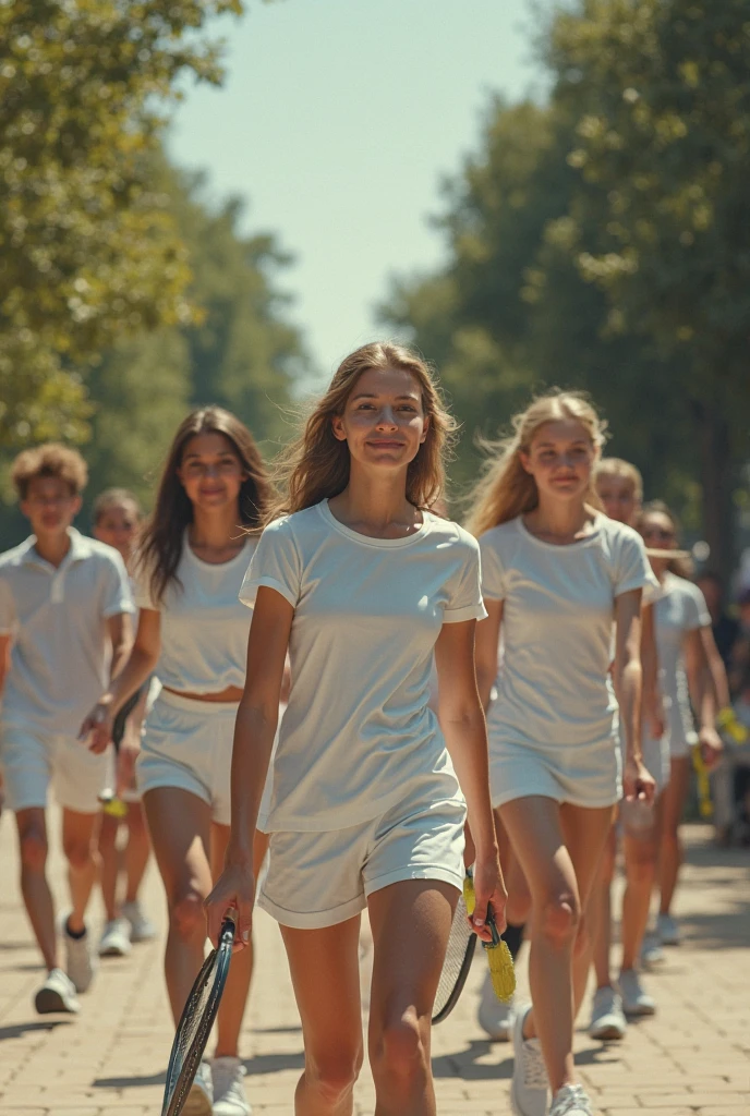 ultrarealistic high quality photo of a beautiful young european woman with cute face and brunette pigtails hair and beautiful smile, wearing casual wet t-shirt and silver spandex shorts, full body outdoor photography, public park with many other people,hands waving greeting the viewer