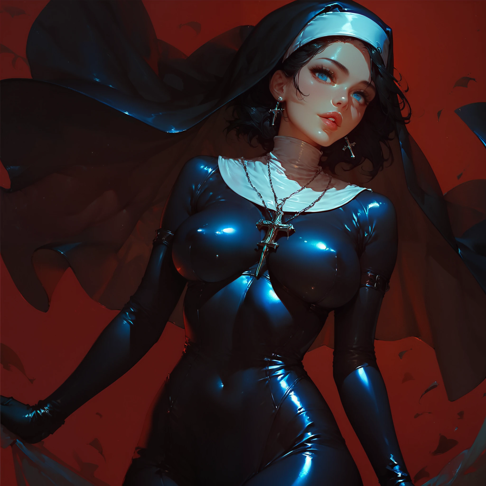 score_9, score_8_up, score_7_up, score_6_up,, anime_source, thicc Goth nun, latex nun outfit, stockings, nun cap, tattoo, goth girl, black celebration, big tiit, cleavage, large hips , small waist, from side , curvy, big butt, black lips, dark mass, destroyed cathedral, debris, pentagram, glowing portal to hell, latex gloves, green eyes