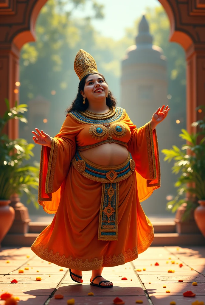 Parvati, the Hindu goddess, depicted in her serene and maternal form. She is shown as a beautiful woman with a gentle smile, seated gracefully on a lotus flower. Parvati has a fair complexion and wears traditional Indian attire with intricate gold jewelry. She has multiple arms, each holding symbols of power and protection, such as a lotus, a trident, and a hand raised in blessing. The background is a tranquil setting, perhaps a sacred mountain or a lush garden, symbolizing her connection to nature and her divine status.