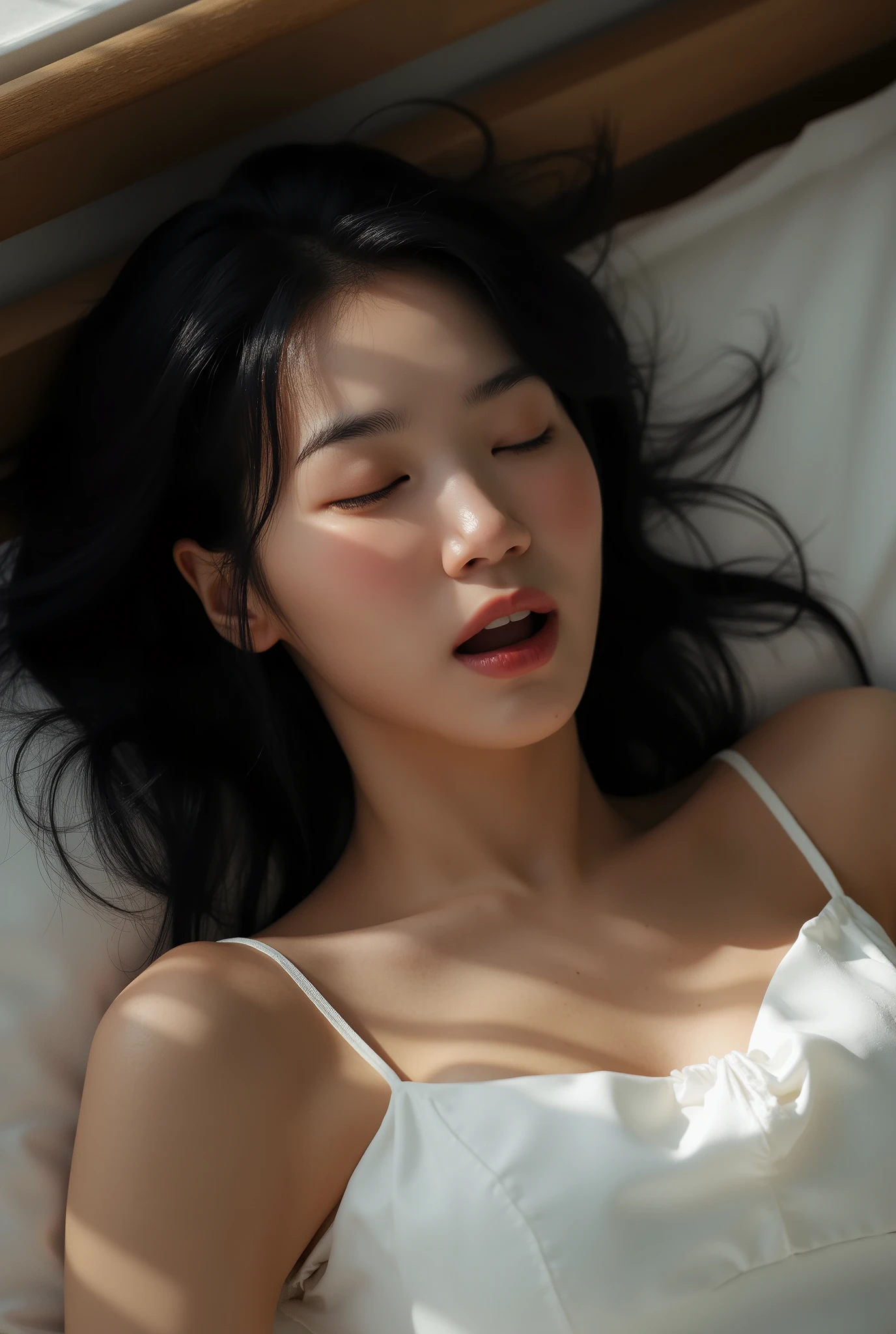 ((( real、live-action、reality、High image quality)))do, best quality , ( High Definition CG Unity 8K Wallpaper ), ( best quality ), edge orgasm 、 face focus 、 woman with her mouth open and eyes closed 、Korean women with an edge_face、40years old、 black hair、 on the bed、((sweat) ),((Skin that shines with sweat))((The collarbone shining with sweat,Face that shines with sweat)),((Sweat-drenched skin))((The skin wet with sweat)),