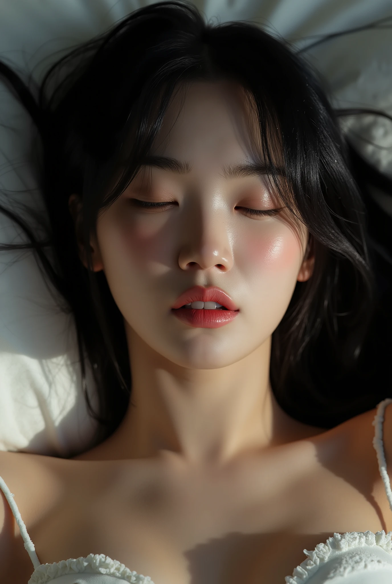 ((( real、live-action、reality、High image quality)))do, best quality , ( High Definition CG Unity 8K Wallpaper ), ( best quality ), edge orgasm 、 face focus 、 woman with her mouth open and eyes closed 、Korean women with an edge_face、40years old、 black hair、 on the bed、((sweat) ),((Skin that shines with sweat))((The collarbone shining with sweat,Face that shines with sweat)),((Sweat-drenched skin))((The skin wet with sweat)),
