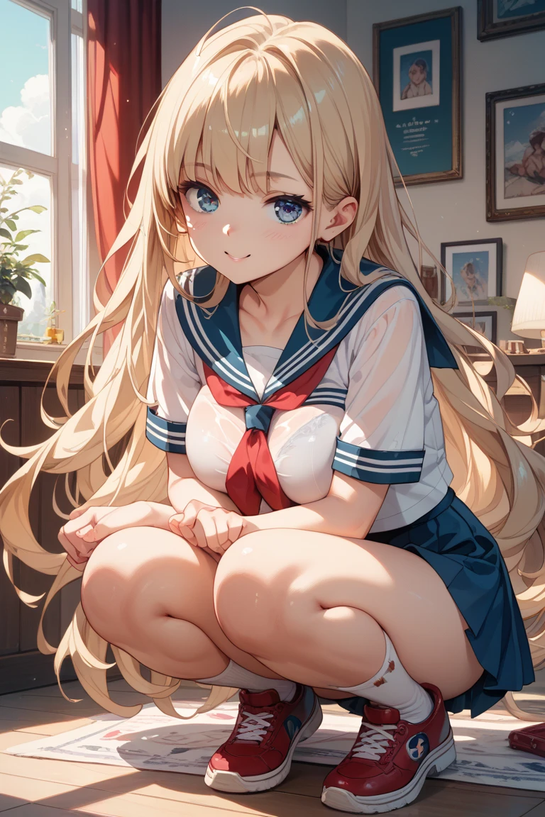 Girl in a sailor suit Pleated skirt mini skirt Beautiful long blonde hair classroom Tears are overflowing from my eyes Embarrassing vibrator in thighhighs thighvibe Leaning forward Hold your crotch with both hands