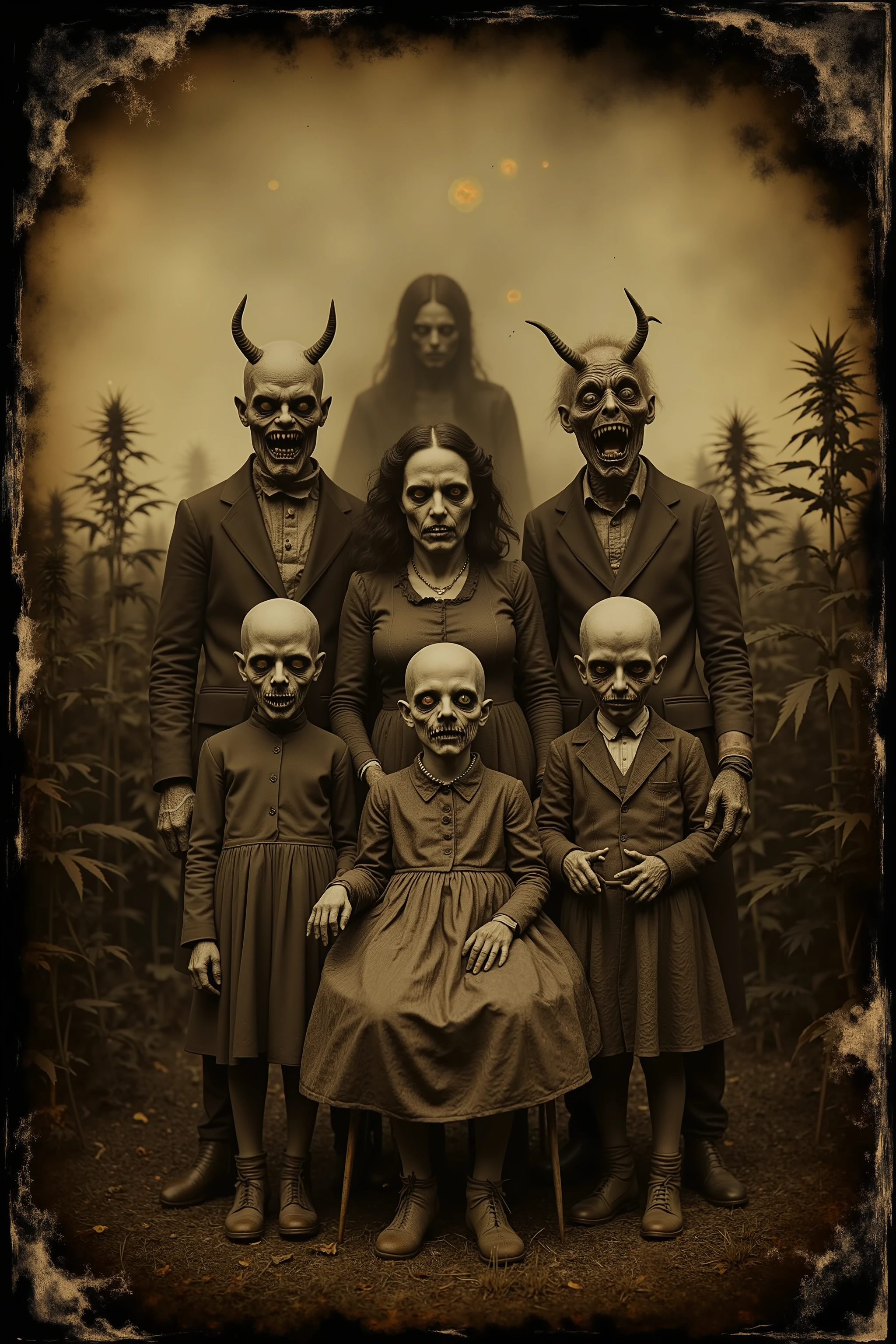 Daguerreotype, tintype. Bizarre, creepy, weird stuff, detailed surreal scene, outdoors, humanoid family with distorted features, unnatural anatomy, twisted haunted detailed facial expressions, unsettling atmosphere, field of Marijuana plants behind them, glowing orbs in the sky, eerie shadows, presence lurking, partially seen, dark faces with lit up eyes lurkng around the plants, dark, moody, cinematic horror lighting, digital art, concept art, 8K, high resolution, ultra-realistic, photorealistic, physically-based rendering, spooky, scary, long lost photo, photo brown and yellowed with age, antique photo, unsettling, gothic, dark side art, masterpiece.
