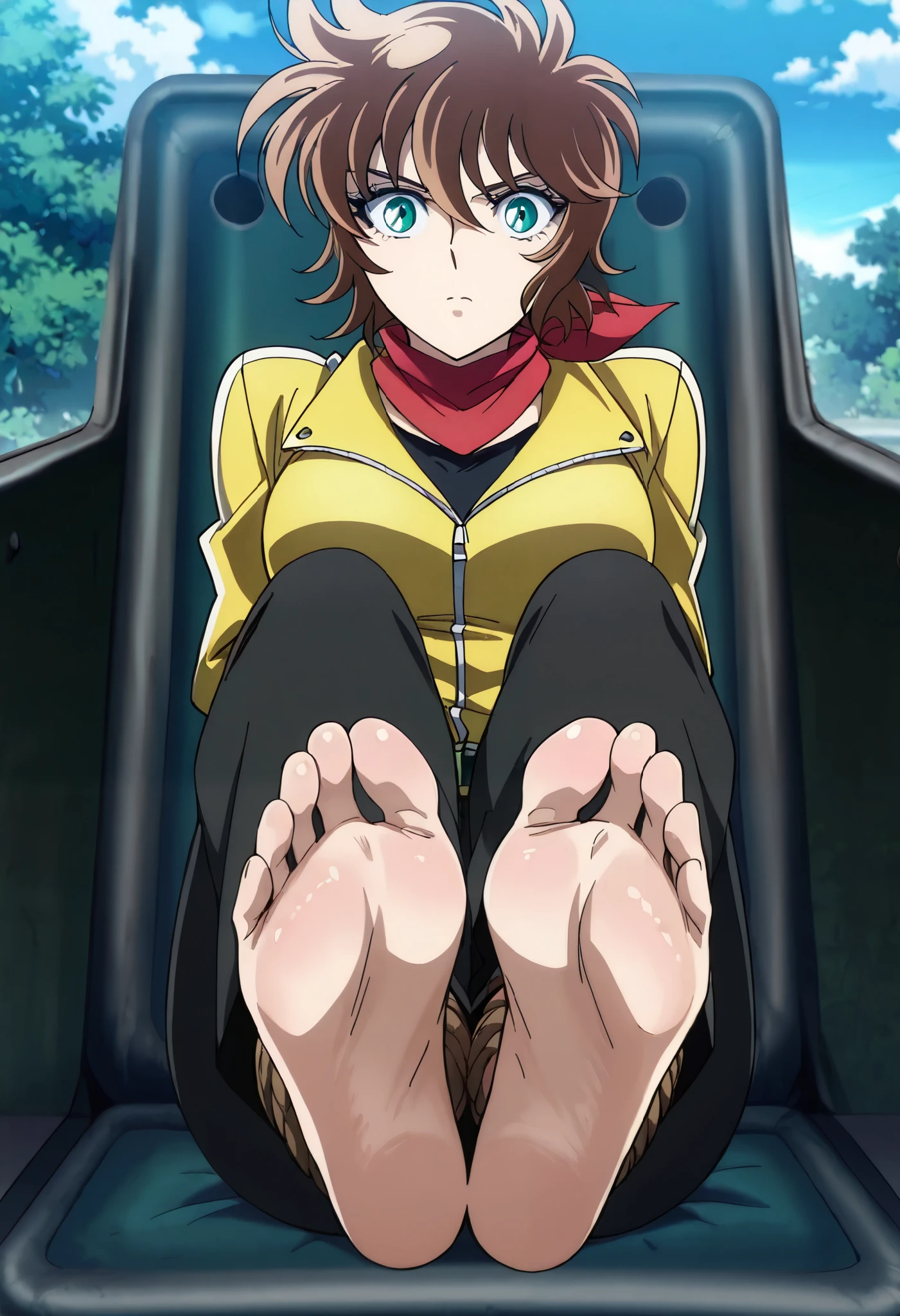 score_9, score_8_up, score_8, score_7_up, source_anime, anime screencap, detailed, absurdres, highres, masterpiece, best quality, amazing quality, official anime artwork, screencap, anime screencap, outside, day, Cassiopeia Erda, 1girl, solo, green eyes, breasts, short hair, brown hair, yellow motorcycle jacket, black long pants, red scarf, barefoot, toes, soles, soles up, foot wrinkles, foot focus, intricate details, perfectly drawn foot, each foot has exactly five toes, foot focus, showing her soles to the viewer, arms behind back, tied up \(nonsexual\), bound torso, rope, brown rope, bound ankles, foot together, surprised