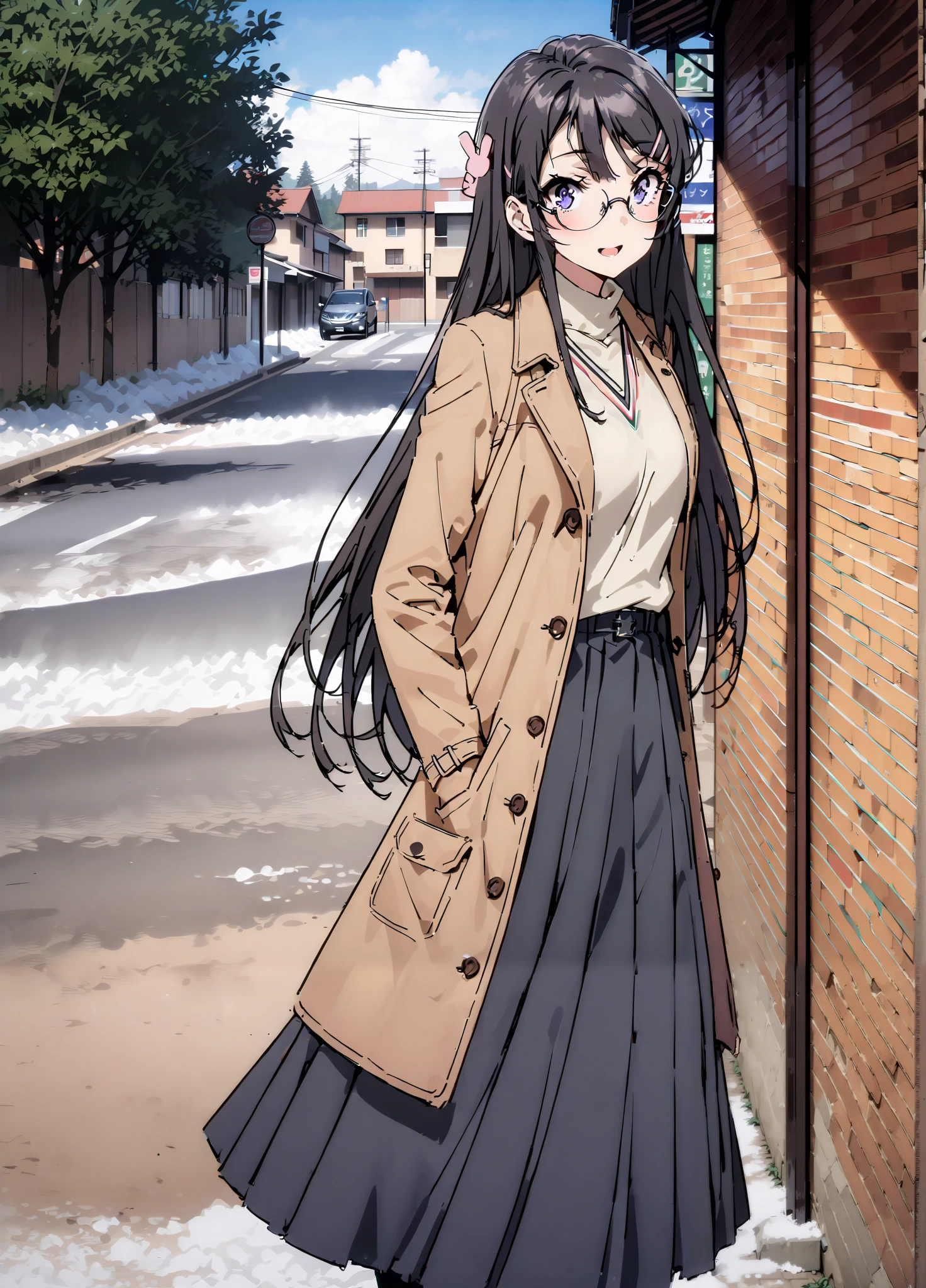 household, Mai Sakurajima , long hair, bungs, black hair,Alone, hair accessories, purple eyes, hair clip for hair, rabbit hair accessories,smile,blush,open your mouth,Glasses, duffle coat,(sweater :1.2),( turtleneck on acher:1.2),long skirt,long skirt,Black Pantyhose,boots,snow,winter,Standing residential area,Beautiful cityscape,,full bodyがイラストに入るように,
break looking at viewer,full body,
break outdoors, bus stop,
break (masterpiece:1.2),top quality , kampala, Unity 8K Wallpaper ,(shape:0.8),( fine, beautiful eyes :1.6),It's a person ,full body写真,CG Details , (perfect hands with full nudity, complete anatomy),