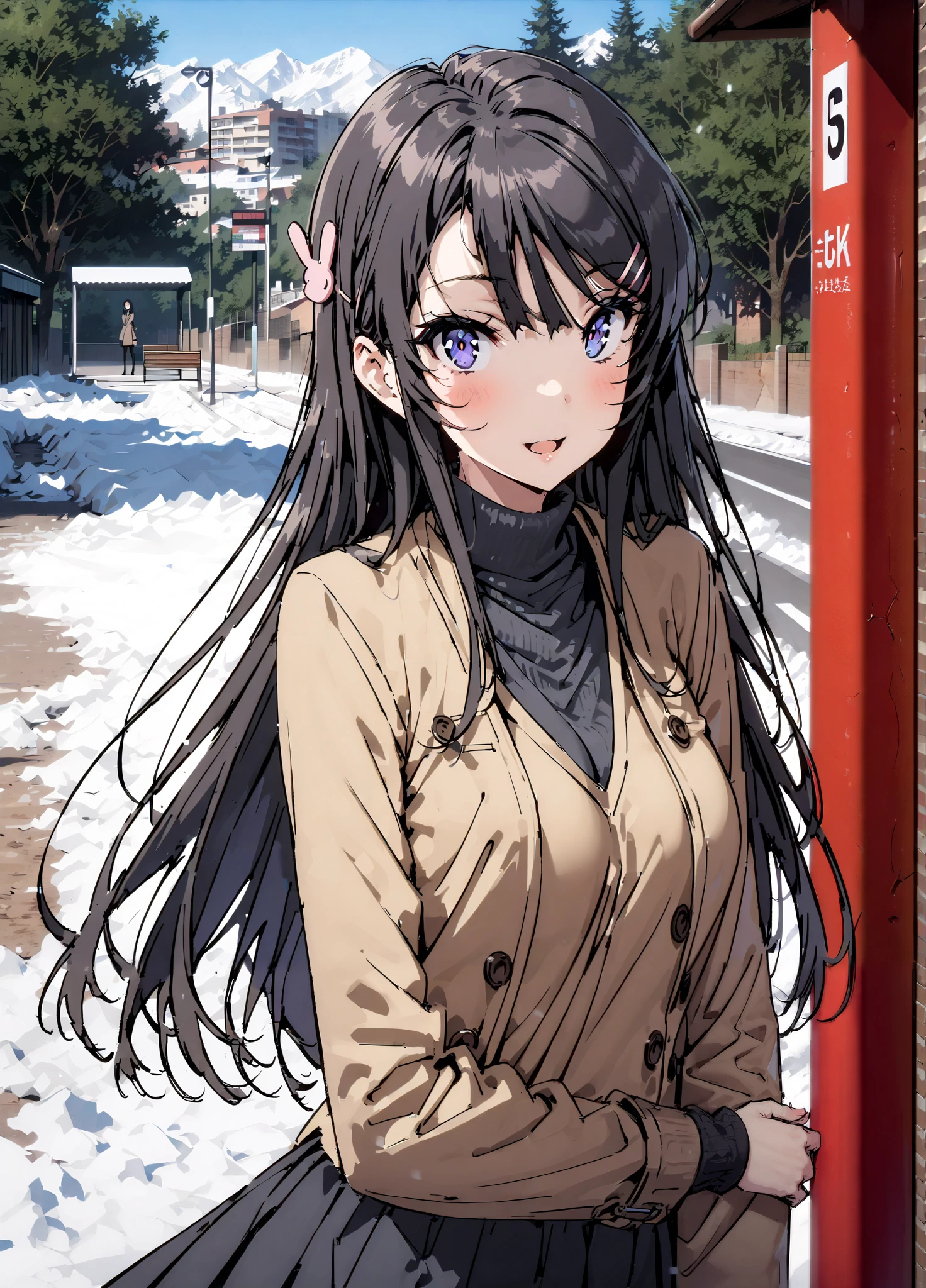 household, Mai Sakurajima , long hair, bungs, black hair,Alone, hair accessories, purple eyes, hair clip for hair, rabbit hair accessories,smile,blush,open your mouth,Glasses, duffle coat,(sweater :1.2),( turtleneck on acher:1.2),long skirt,long skirt,Black Pantyhose,boots,snow,winter,Standing residential area,Beautiful cityscape,,full bodyがイラストに入るように,
break looking at viewer,full body,
break outdoors, bus stop,
break (masterpiece:1.2),top quality , kampala, Unity 8K Wallpaper ,(shape:0.8),( fine, beautiful eyes :1.6),It's a person ,full body写真,CG Details , (perfect hands with full nudity, complete anatomy),