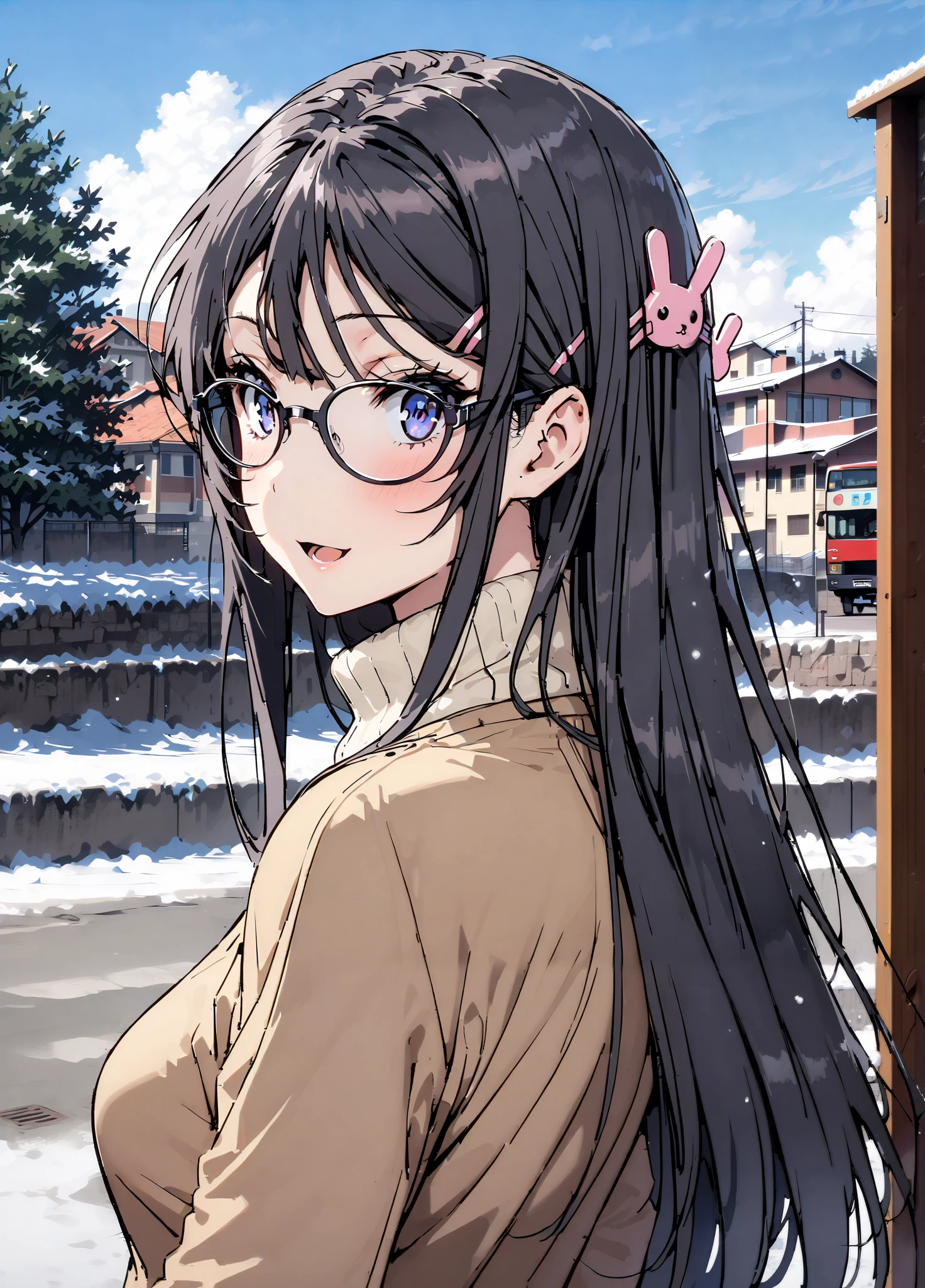 household, Mai Sakurajima , long hair, bungs, black hair,Alone, hair accessories, purple eyes, hair clip for hair, rabbit hair accessories,smile,blush,open your mouth,Glasses, duffle coat,(sweater :1.2),( turtleneck on acher:1.2),long skirt,long skirt,Black Pantyhose,boots,snow,winter,Standing residential area,Beautiful cityscape,,full bodyがイラストに入るように,
break looking at viewer,full body,
break outdoors, bus stop,
break (masterpiece:1.2),top quality , kampala, Unity 8K Wallpaper ,(shape:0.8),( fine, beautiful eyes :1.6),It's a person ,full body写真,CG Details , (perfect hands with full nudity, complete anatomy),