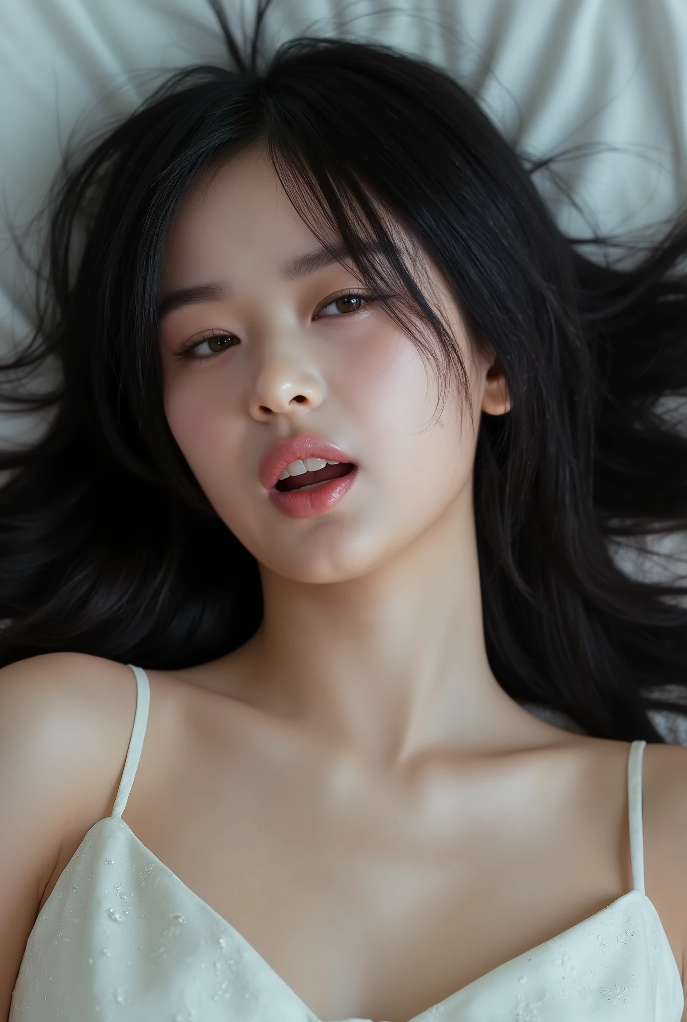 ((( real、live-action、reality、High image quality)))do, best quality , ( High Definition CG Unity 8K Wallpaper ), ( best quality ), edge orgasm 、 face focus 、 woman with her mouth open and eyes closed 、Korean women with an edge_face、40years old、 black hair、 on the bed、((sweat) ),((Skin that shines with sweat))((The collarbone shining with sweat,Face that shines with sweat)),((Sweat-drenched skin))((The skin wet with sweat)),