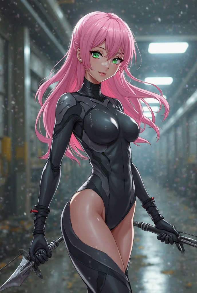 Hyper realistic super detailed sexy Mitsuri Kanroji, NSFW, Very detailed, expressions faciales sexy, seductive facial expressionace detail: 1.4): 0.4], 16K resolution, 4k resolution, dinamic lighting, High definition resolution, (sexy pose, Position attrayante), (hyper realistic: 1.4),  , (sun light: 1), (pleine hauteur: 1.8),(contrasting background: 1.5), (Anatomy of the hyperrealistic arm), (Hyperrealistic anatomy of the legs), (peau propre), (lighting cinematic: 1.7), (intime), (Technologie NVIDIA RTX Ray Tracing), (Ventre plat parfait), (image couleur),Create a 4K resolution, ultra-realistic, and extremely detailed artwork featuring a Mitsuri Kanroji in a corporate office setting with a provocative style. Mitsuri Kanroji  the central character in the artwork. She stands in front of a big glass window of a modern office offering a cityscape view.

 ((Mitsuri Kanroji (demon slayer))), a girl with long green-pink gradient hair and green eyes, green hair, gradient hair, multicolored hair, long hair. Sha has a commanding presence. She has a provocative yet professional silhouette, with a tailored business suit that subtly emphasizes her figure. Her makeup  bold, with striking red lips and a gaze that demands attention.

She  dressed provocatively,  a bold fashion statement. yellow leotard, orange leotard, thigh gap, bare shoulders, a touch of glamour to her overall appearance. shy and faint smile