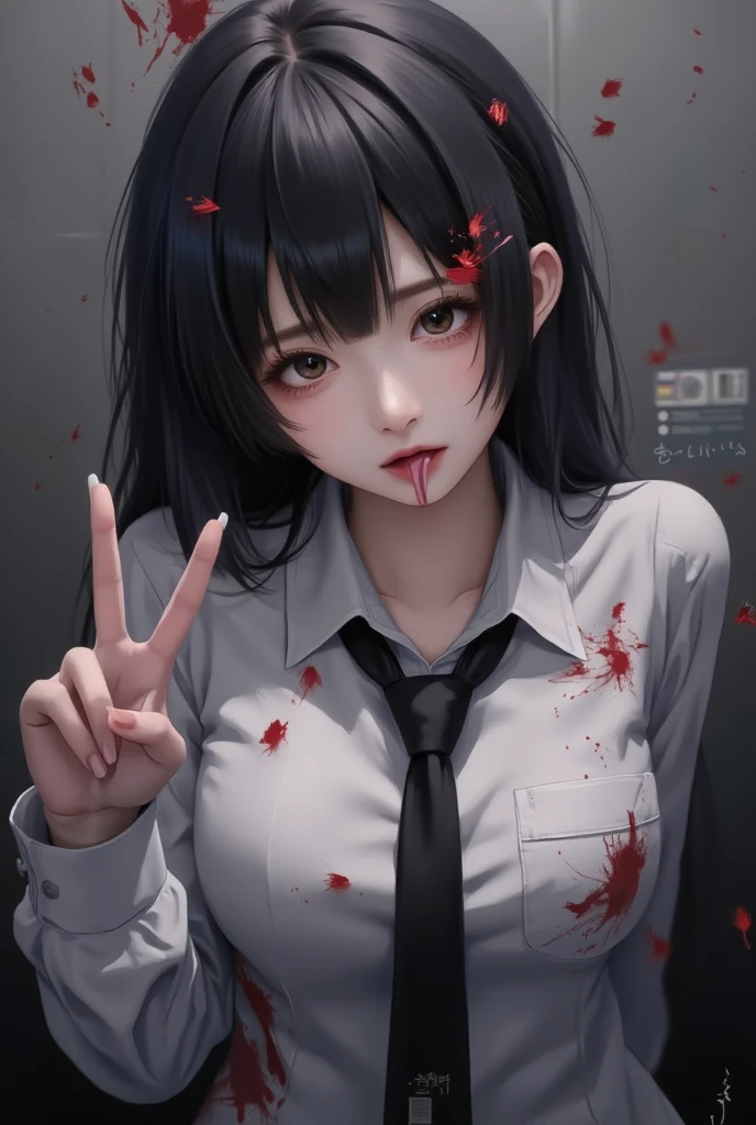 1girl, Kobeni, teen girl, white shirt, black necktie, (realistic:1.3), crying, tears, sad, ((peace sign, holding two fingers up)), peace, from above, hallway