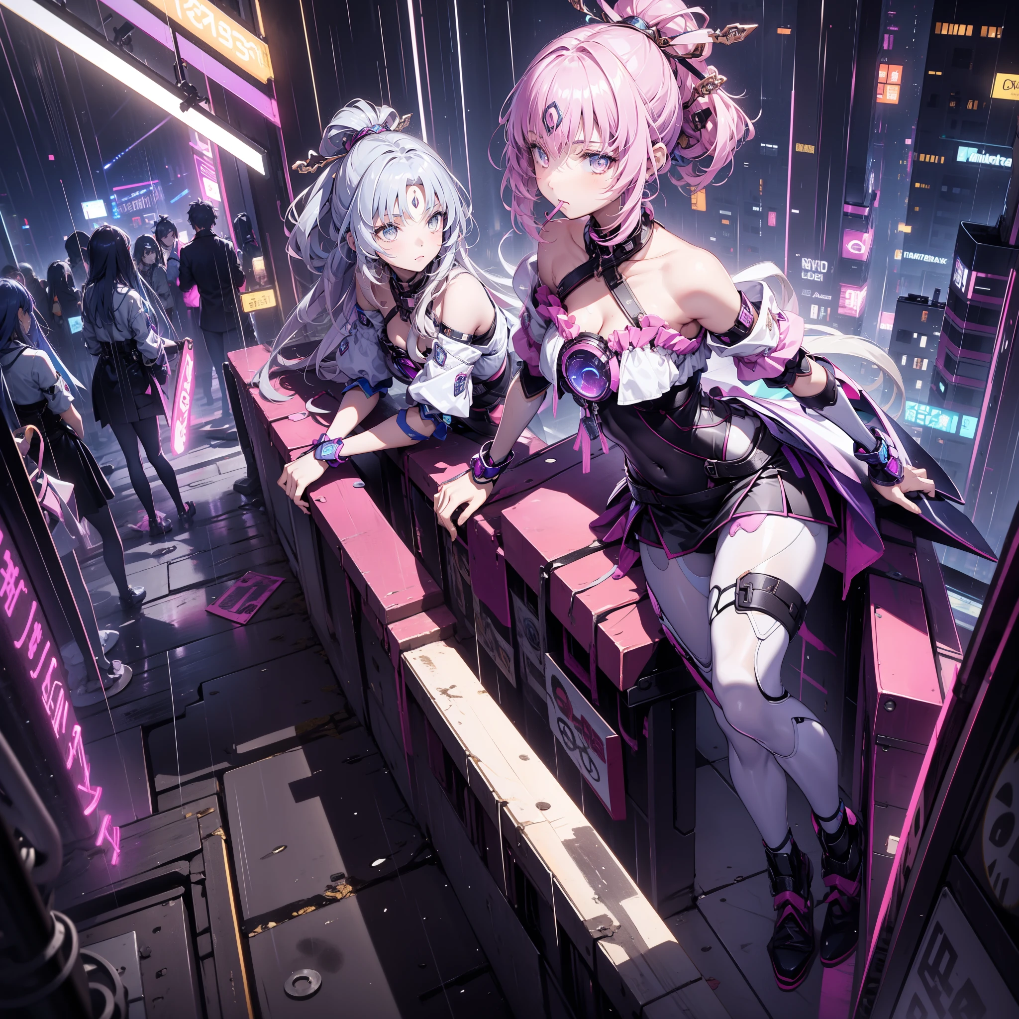 portrait, 1 girl, pretty face , asymmetrical hair, Colorful hair, sash, Bodysuit , Cover your mouth, cover navel , separated sleeve , grey eyes , hip vent , Slit Jacket, charming, watching the audience, Night City, neon, rain,