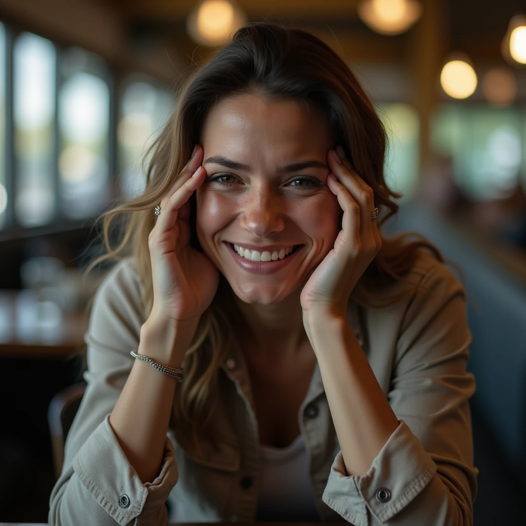 A 25-year-old woman sitting alone at a table, smiling, with a backdrop of colorful furniture. The camera is at a bird's-eye or zenith angle, showing the girl and the table from above. The scene is vibrant and cheerful, with a focus on the girl's happy expression and the bright colors of the surroundings