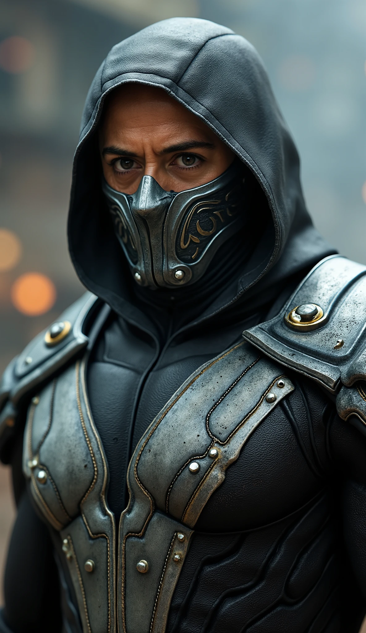 Here is a detailed prompt to generate an image **super realistic** do ROBERT DOWNEY JR como **Smoke**, focused on **upper body photo**, with a shiny metallic outfit and impactful details, and a striking background: --- **"Close-up hiper-realista do Jake Gyllenhaal como Smoke, the enigmatic ninja and master of shadows of * mortal kombat*. He is in an intense and mysterious pose, with a cold and merciless expression, conveying mystery and power . He wears a shiny metallic suit, with intricate details and reflections that highlight the shimmering material. The metallic gray mask covers part of the face, with tribal patterns and small silver ornaments that complement his look. The lighting is dramatic , with shades of gray and silver, creating strong contrasts between light and shadow. The background is a realistic and dark setting, with cold lights, dense smoke and elements of an urban nocturnal environment, adding an intense and enveloping atmosphere."** --- **Extra details for realism:** - **It lasts:** Shiny metallic fabric, with light reflections and hyper-realistic textures. - **mask:** Highly detailed design in metallic gray, with metallic reflections , tribal patterns and shiny silver and gray ornaments. - ** Expression:** Cold and merciless look, conveying the dark and powerful essence of Smoke. - **Bottom:** hyper-detailed textures in the smoke and in the elements of the urban night environment. This prompt combines elements of Smoke with Jake Gyllenhaal's unique look, ensuring a cinematic and immersive result! 🔥