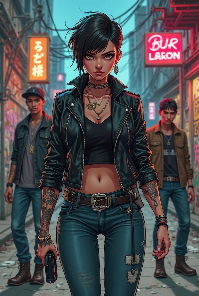 American street gang leader， A group of gang members stood behind，angry look，Mixed Chinese and American races，The background is blurred out，focal，电影灯光，(((tmasterpiece))), ((best qualtiy)), ((Complex and detailed)), ((ultra-realistic realism)), Ridiculous resolution, A MILF, Mature woman, ssee-through, highly  detailed, illustratio, 1girll, (mediuml breasts), Thin waist and thick hips，long leges，beatiful detailed eyes, short detailed hair, brunette color hair, a purple eye, (Gangster suit:1.2),jewelry，耳Nipple Ring，Bracelet，gyuru，choker necklace，seminude，stocklings，Lace，Tattooed with，tight-fitting，tattooed arms，Full of tattoos，American gangsters，Sexy and feminine，18th Street Gang，hip hop style，Almighty Latin king，（No underwear），pantiess, detailed back ground, perfect  eyes, Seductive eye, （nice hand），Detail hands，looking at viewert，From the front，Wear light，Behind him stood a large group of subordinates，
