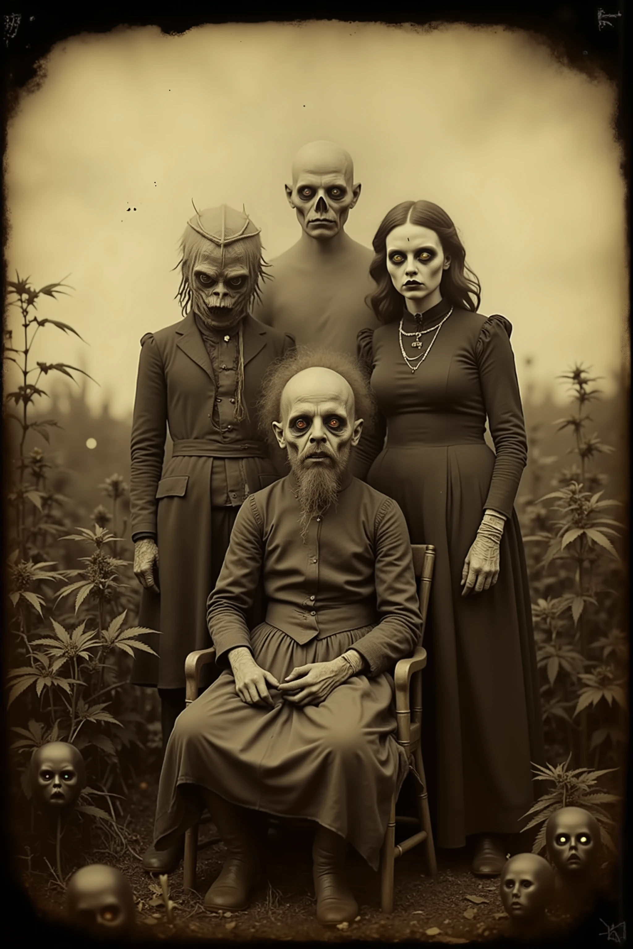 Daguerreotype, tintype. Bizarre, creepy, weird stuff, detailed surreal scene, outdoors, humanoid family with distorted features, unnatural anatomy, twisted haunted detailed facial expressions, unsettling atmosphere, field of Marijuana plants behind them, glowing orbs in the sky, eerie shadows, presence lurking, partially seen, dark faces with lit up eyes lurkng around the plants, dark, moody, cinematic horror lighting, digital art, concept art, 8K, high resolution, ultra-realistic, photorealistic, physically-based rendering, spooky, scary, long lost photo, photo brown and yellowed with age, antique photo, unsettling, gothic, dark side art, masterpiece.