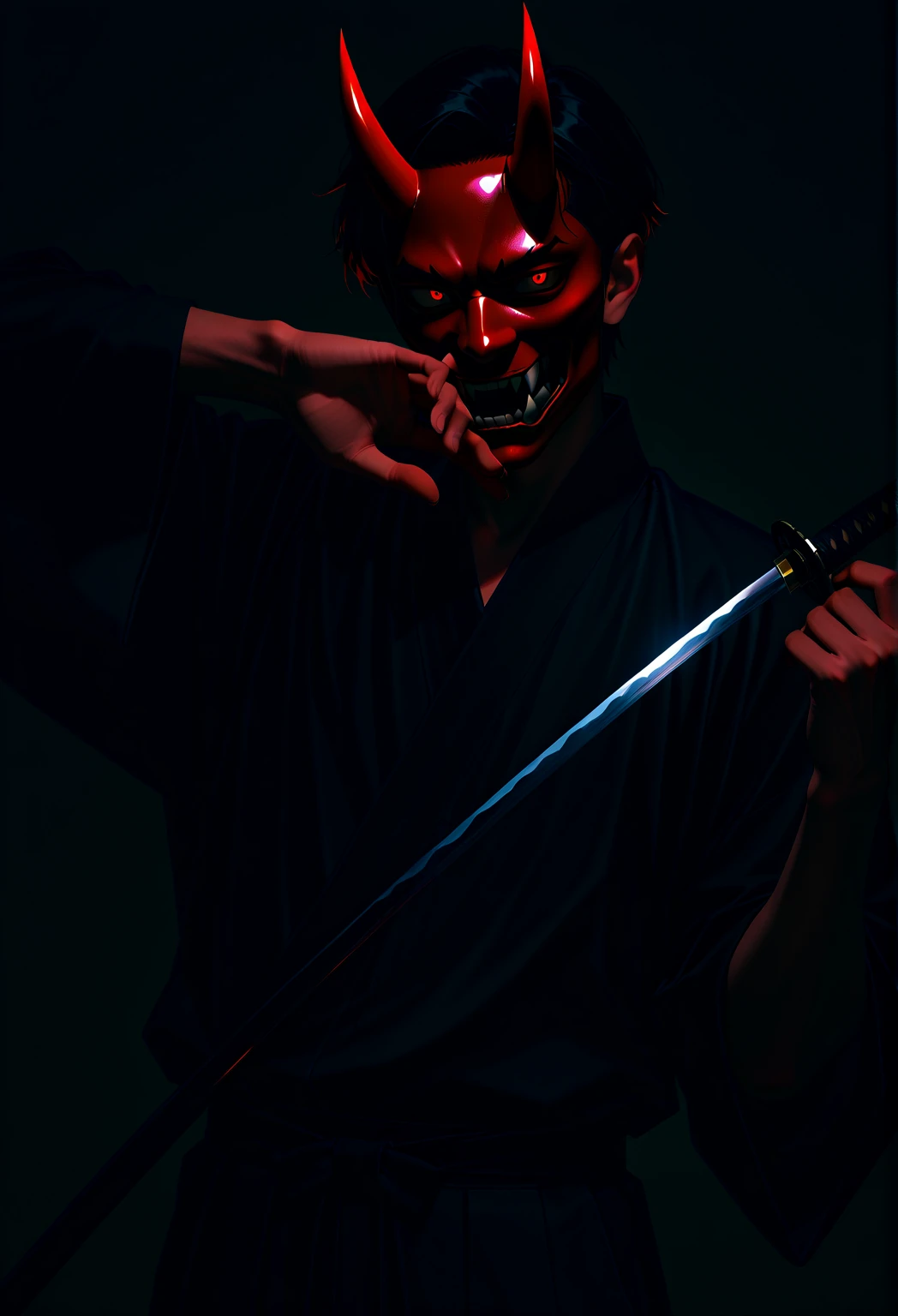 1 male, black hair with red highlights, red eyes, short red oni horns with dark red tips, wearing a black canine mask covering his mouth, good looking, wearing black clothes, black katana, pose.