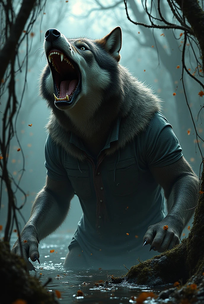 a robust male werewolf, wolf head, red jacket, blue pants, brown fur, green eyes, sharp teeth, angle from knees to head, sexy pose, forest background, Looking at the fourth wall. Predatory gaze (best quality,4k,8k,highres,masterpiece:1.2),ultra-detailed,(realistic,photorealistic,photo-realistic:1.37),hyper detailed,studio lighting,extremely detailed description,professional,vivid colors,dark fantasy,cinematic lighting,dramatic lighting,fantasy art perfect